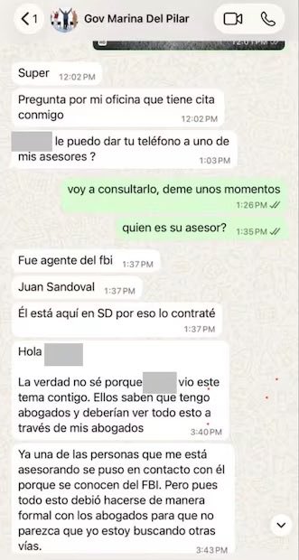 GildoGarzaMx's tweet photo. 🟥 #México | Marina del Pilar (@MarinadelPilar) no fue exhibida por Héctor de Mauleón: se exhibió sola. En sus propios mensajes reconoce que contrató a Juan Sandoval, a quien identifica como exagente del @FBI para asesorarla tras la cancelación de su visa. 
@hdemauleon volvió a trapear con sus desmentidos. Ahora vamos directo a la fuente: toca pedir una postura formal al FBI sobre Sandoval, las reuniones y la supuesta cooperación.
A ver si también al FBI le responde que todo es “inteligencia artificial”.