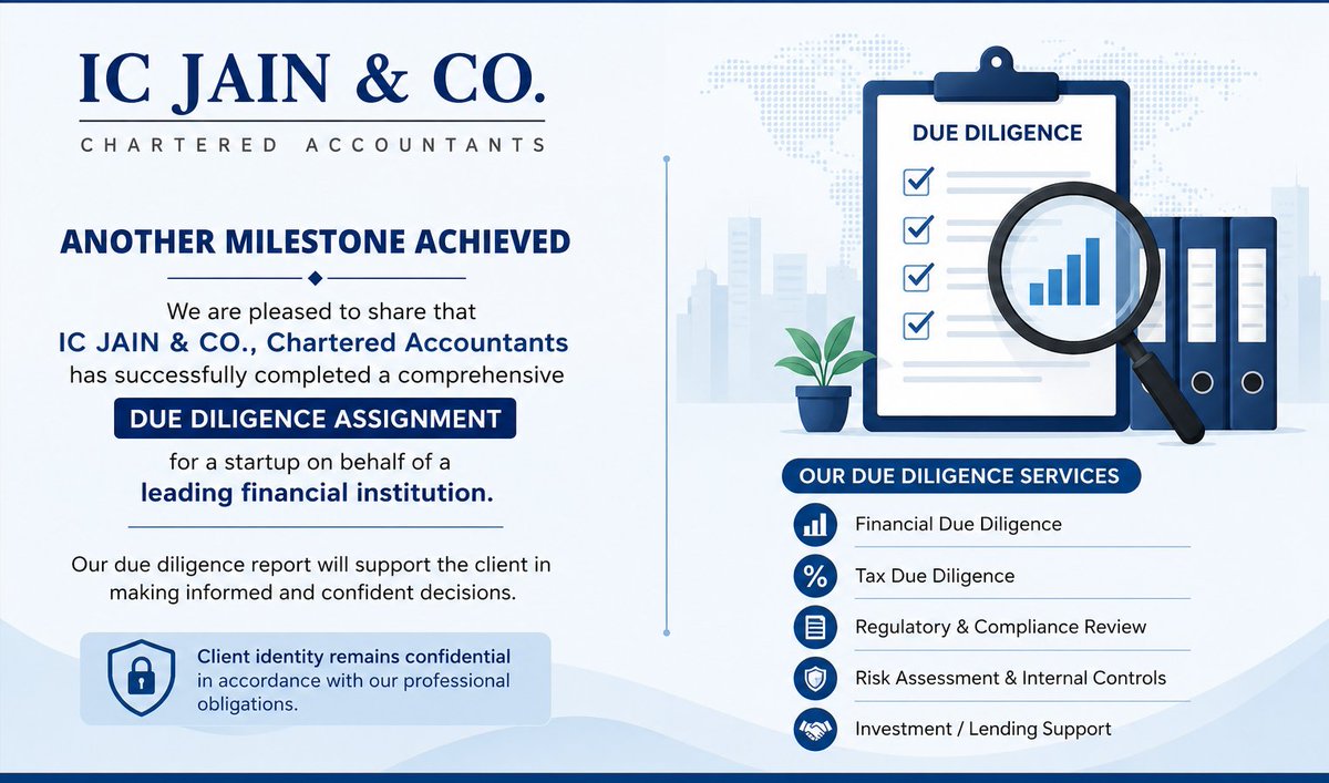 icjainco's tweet photo. We are pleased to share that IC JAIN &amp; CO., Chartered Accountants team has successfully completed a Due Diligence assignment.

It's detailed health check of a business before making an investment, giving a loan, acquiring
#DueDiligence #InvestmentBanking #IncomeTax #Startup https://t.co/a3ahXO8HTu