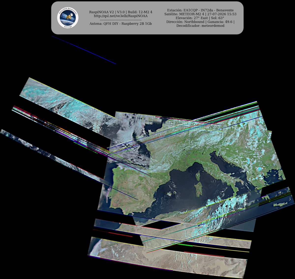 monforra's tweet photo. Ground Station: EA1CQP - IN72da - Benavente METEOR-M2 4 27-07-2026 15:31 CEST Max Elev: 27° E Sun Elevation: 63° Gain: 49.6 | Northbound
#NOAA #MeteorM2_3 #MeteorM2_4 #weather #weathersats #APT #LRPT #wxtoimg #MeteorDemod #rtlsdr #gpredict #raspberrypi https://t.co/C8EjkMEG5S