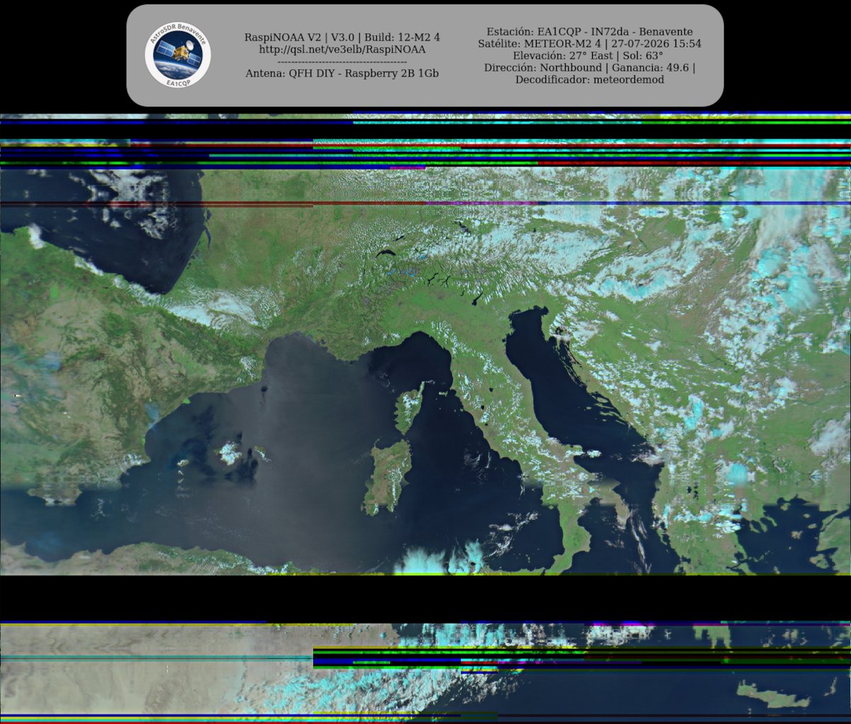 monforra's tweet photo. Ground Station: EA1CQP - IN72da - Benavente METEOR-M2 4 27-07-2026 15:31 CEST Max Elev: 27° E Sun Elevation: 63° Gain: 49.6 | Northbound
#NOAA #MeteorM2_3 #MeteorM2_4 #weather #weathersats #APT #LRPT #wxtoimg #MeteorDemod #rtlsdr #gpredict #raspberrypi https://t.co/C8EjkMEG5S
