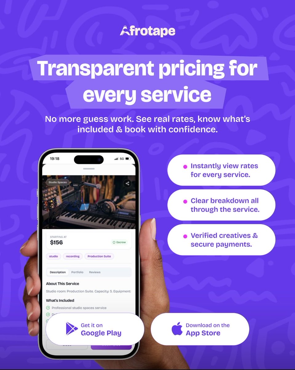 afrotape_app's tweet photo. No more hidden costs. No more guesswork.

View transparent pricing, compare services with complete clarity, and book verified creatives with confidence.

📲 Download AFROTAPE today on the App Store and Google Play. https://t.co/MX30avlVjW