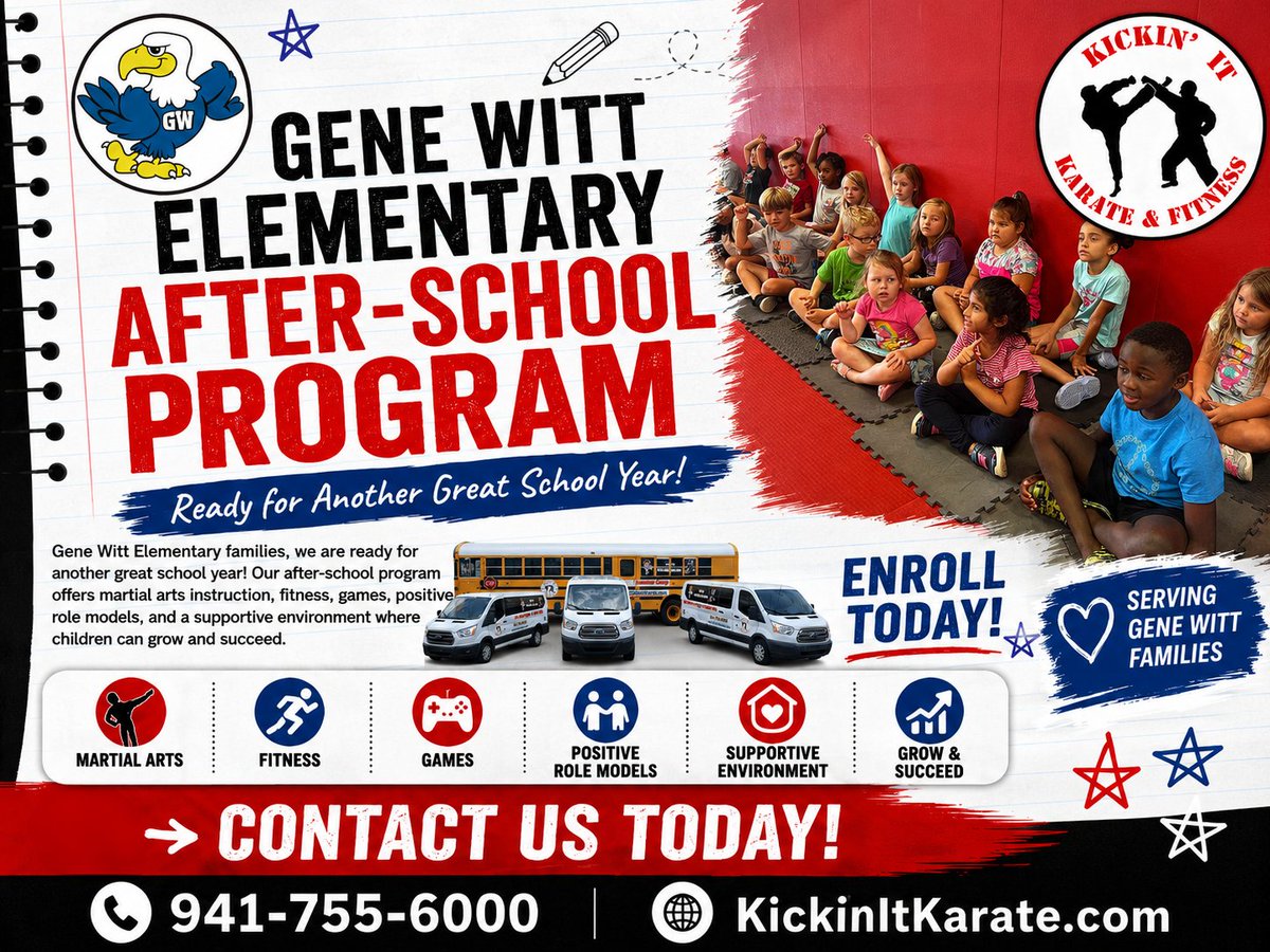Kickinit_Karate's tweet photo. Gene Witt Elementary families, we are ready for another great school year! Our after-school program offers martial arts instruction, fitness, games, positive role models, and a supportive environment where children can grow and succeed. https://t.co/pxtwvSVPH6