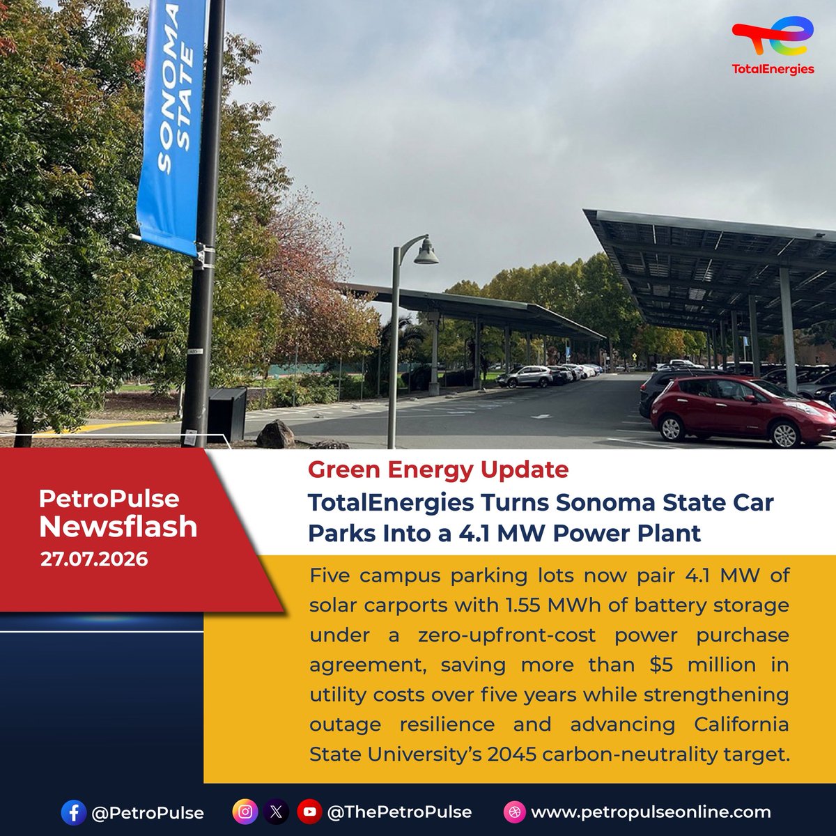 ThePetroPulse's tweet photo. #GreenEnergyUpdate | Solar Carports + Battery Storage: Turning University Parking Lots into Clean Energy Hubs

@TotalEnergies , in partnership with Sonoma State University and the California State University system, has transformed five campus parking lots into a 4.1 MW solar carport portfolio paired with 1.55 MWh of battery storage.

Key wins:

- Zero upfront cost for the university via Power Purchase Agreement (PPA)
- Over $5 million in projected utility savings in the first five years
- Enhanced grid resilience against outages and peak pricing
- A living laboratory for students and faculty research

A smart model for turning underutilised space into reliable, sustainable power.