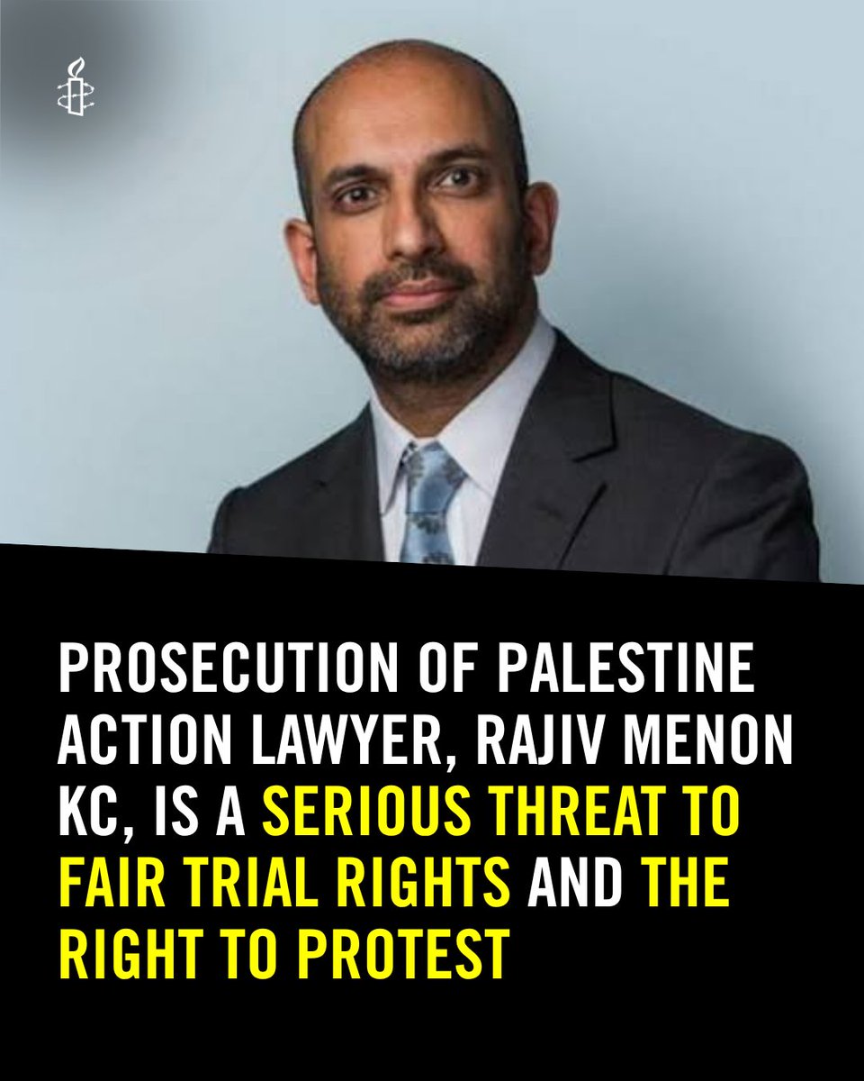 AmnestyUK's tweet photo. For the first time ever in our country's history, a barrister is facing contempt proceedings over the content of their closing speech. It is seriously concerning and entirely disproportionate. 
 
Rajiv Menon KC is facing up to two years in prison for the way he defended his client.
 
Even though the case was adjourned on Friday - the threat isn't over. This is only a delay and not an end to the proceedings against Rajiv Menon. 
 
Barristers cannot fearlessly defend their clients while worrying that doing so will get them sent to prison.
 
The judge in the trial of the Palestine Action defendants issued a series of orders tightly restricting what could and couldn’t be put to the jury, something that is happening more and more in protest cases.
 
This is part of an ever-rising clampdown on people coming together to demonstrate, one of the most effective tools we have to hold our leaders to account. Prosecuting a defence barrister for contempt of court would mark a new low in the attacks on our right to protest.