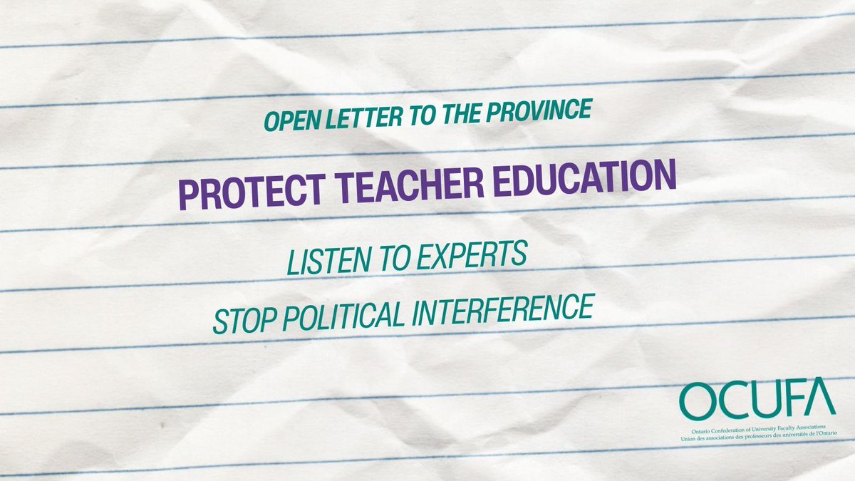 OCUFA's tweet photo. Ontario's government is rushing major changes to teacher education programs through Bill 101 without meaningful consultation.

Add your name to support high-quality teacher education, academic freedom, and a stronger public education system in Ontario. https://t.co/Ozn6rC9Rxr https://t.co/WnewKRj6bo