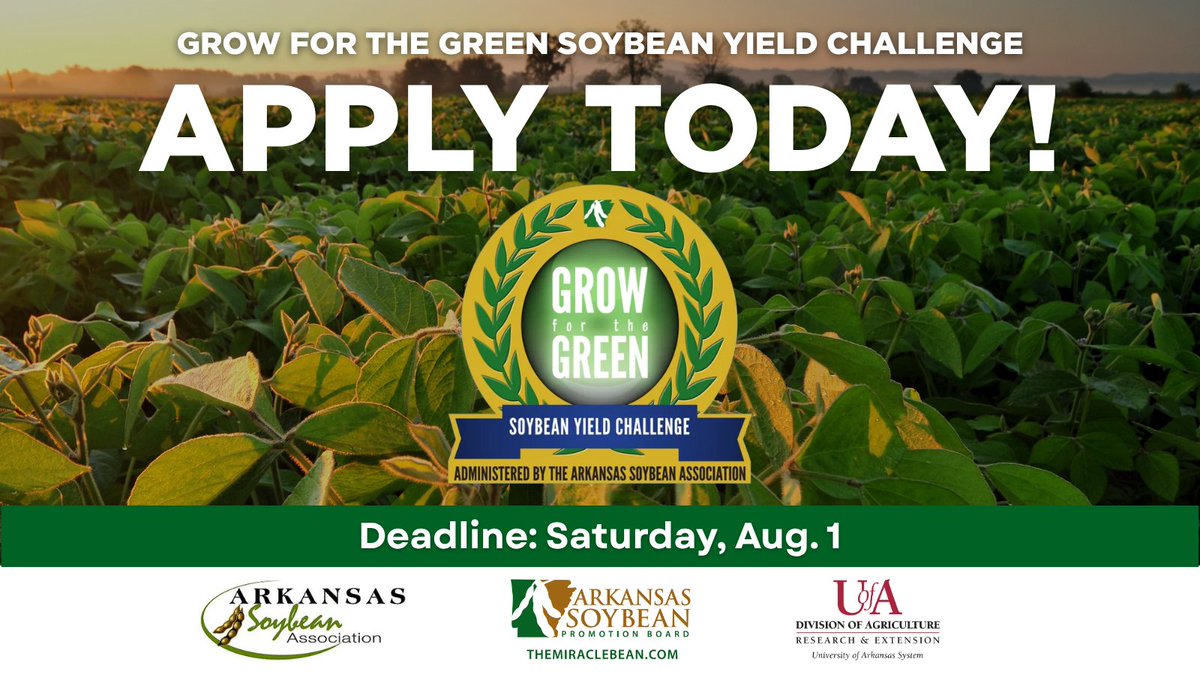 arkansassoybean's tweet photo. ⏰ ATTENTION! Only a few days left! Applications for the 2026 Grow for the Green Soybean Yield Challenge are due Saturday, Aug. 1. Enter now for your shot at cash prizes up to $7,500. Download your application here:  https://t.co/0svTZtxXUL https://t.co/nbDJAIB9ke
