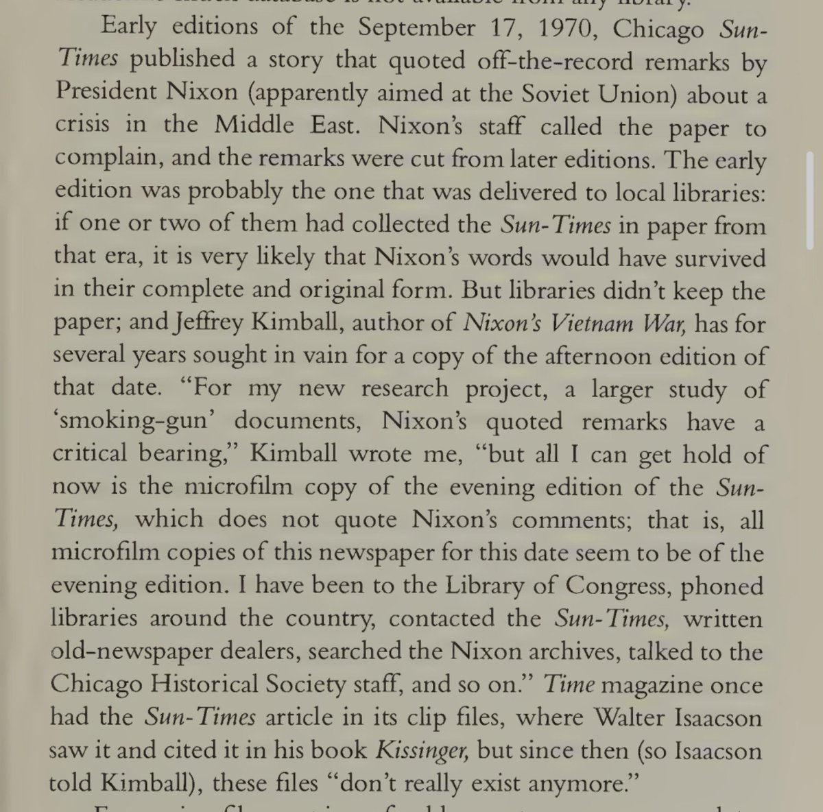 wydna777's tweet photo. One example. Nixon remarks from the afternoon edition of a paper have all been lost as libraries threw away their copies and the microfilm edition they all have is the evening editon https://t.co/hGNez077rO