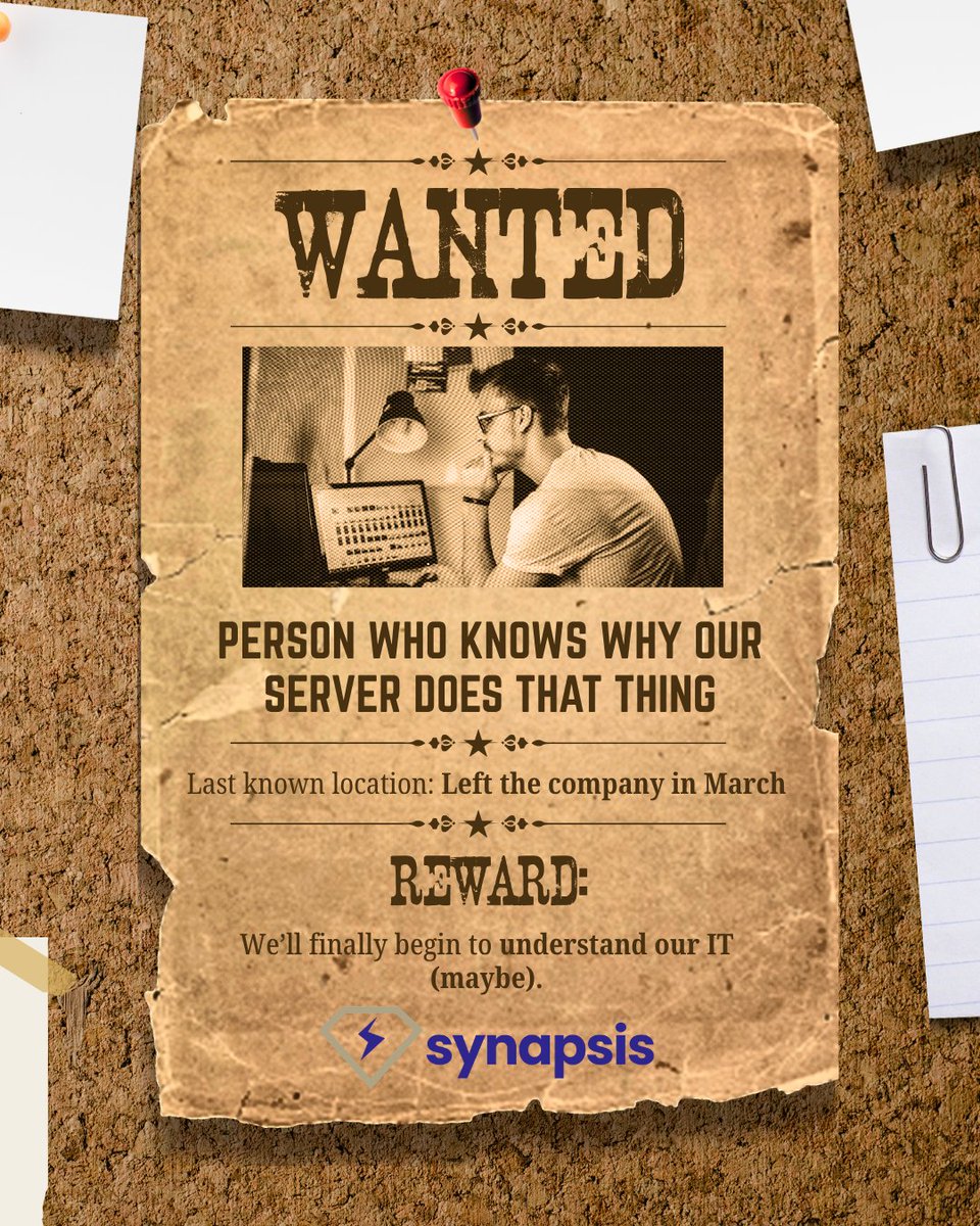 SynapsisMSP's tweet photo. "What's the admin password?"
"Ask Dave."
"Dave quit yesterday..." 💀

If your IT setup only lives in one person’s head, you're one resignation away from chaos.

We map, monitor, and manage your tech from Day 1. Let’s chat! https://t.co/mdcFf7RHcF