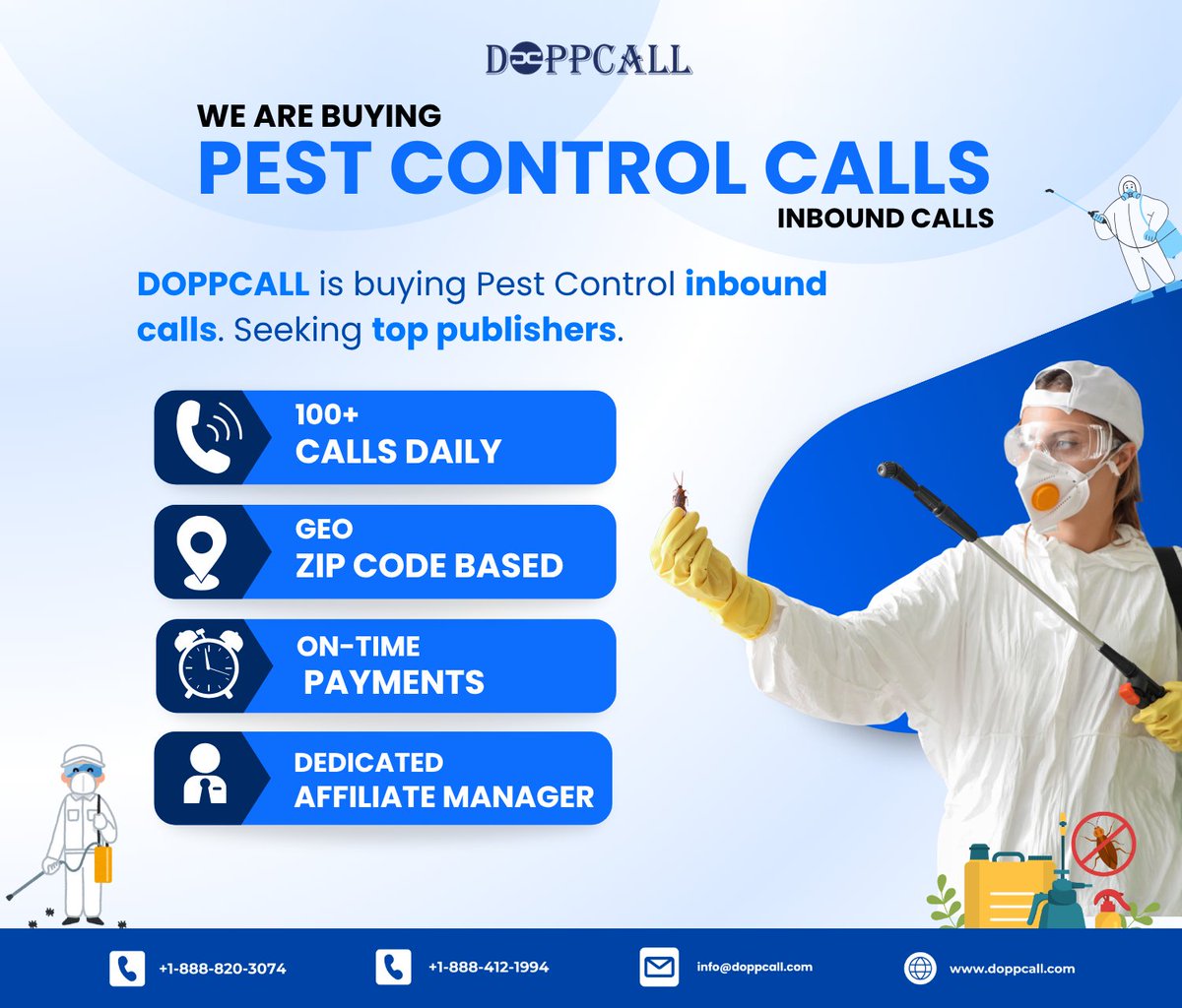 doppcall's tweet photo. Are you generating traffic from homeowners and renters actively searching for pest control solutions?

DOPPCALL is looking for reliable publishers who can deliver high-quality Pest Control inbound calls from targeted ZIP codes with customers ready to take action.

We’re actively buying qualified inbound calls for pest removal, termite treatment, rodent control, and other pest-related services based on specific service areas and ZIP code demand.

Whether your traffic comes from Google Ads, Facebook Ads, SEO, Bing Ads, Native, or other compliant marketing channels, we’re ready to partner with publishers who can deliver consistent call volume.

At DOPPCALL, we build long-term partnerships by offering competitive payouts, transparent reporting, reliable weekly payments, and dedicated affiliate support.

Why Partner With DOPPCALL?

✅ 100+ Pest Control calls daily
✅ Inbound & Live Transfers accepted
✅ High conversion rate & strong ROI
✅ Guaranteed on-time payments
✅ Dedicated affiliate manager for support

If you’re generating quality inbound calls and looking for a trusted buyer, let’s connect.

📧 Email: info@doppcall.com
☎️ Phone: +1-888-820-3074 | +1-888-412-1994
👉 Publisher Signup: https://t.co/yVcsilbQPM

#DOPPCALL #PayPerCall #PestControl #AffiliateMarketing #InboundCalls