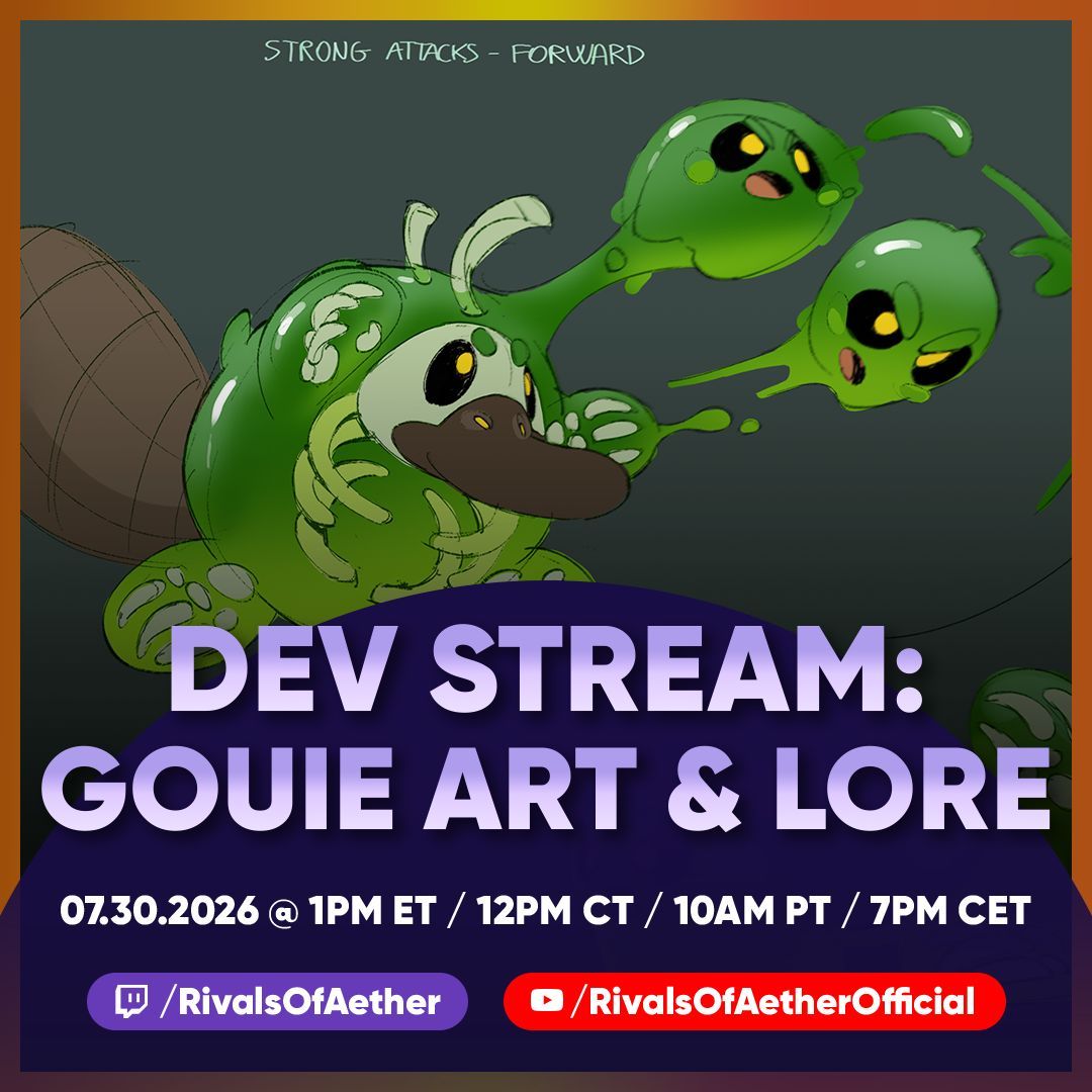 RivalsOfAether's tweet photo. 📆  Tune in this Thursday for a Gouie Art &amp; Lore dev stream featuring Dan and Vin! 

We'll also give you a sneak peak on some of the skins coming with his release 👀 https://t.co/ohUSF0LzTS