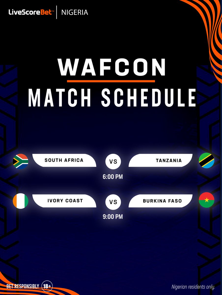 LivescorebetNG's tweet photo. ⚽ WAFCON action is back! 🔥

Who’s taking all 3 points tonight? 👀⚽

🇿🇦 South Africa vs Tanzania 🇹🇿 
🇨🇮 Ivory Coast vs Burkina Faso 🇧🇫

⚠️ Nigerian residents only. 🔞
 #18+ #PlayResponsibly #wafcon #wafcon2026 https://t.co/vs5DN7gzl5