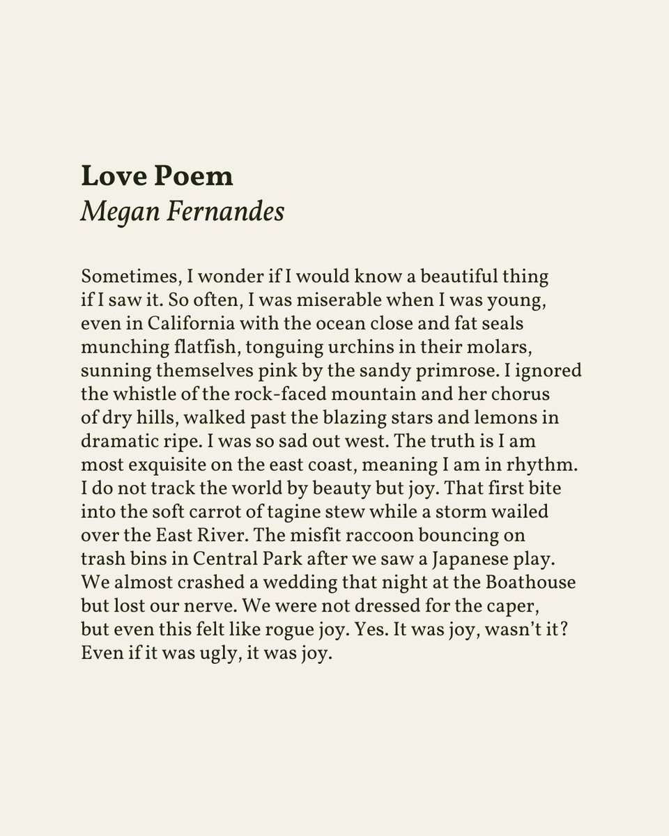 readalittlepoem's tweet photo. “Sometimes, I wonder if I would know a beautiful thing / if I saw it.”

— Megan Fernandes

.
.
.

This poem appeared in The American Poetry Review, Volume 50, No. 03, 2021. Shared here with deep gratitude. https://t.co/Sqe7TNKMaj