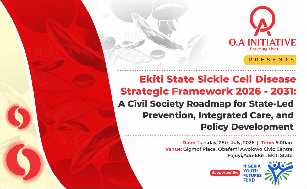 OAinitiative_'s tweet photo. A roadmap can change the future, but only when people come together to build it. ❤️
Join O.A Initiative as we unveil the Ekiti State Sickle Cell Disease Strategic Framework (2026–2031)
#OAInitiative #SickleCell #EkitiState #CommunityImpact #NYFF #SCACH https://t.co/ceMZ6TjBg4