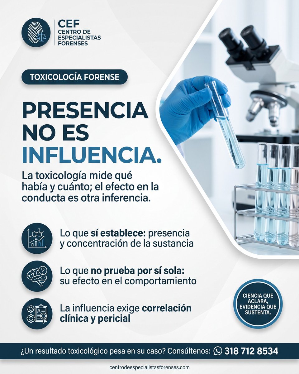 PeritajeCEF's tweet photo. Encontrar una sustancia en un examen toxicológico no prueba, por sí solo, que haya influido en la conducta. La toxicología mide presencia y concentración; el efecto sobre el comportamiento exige correlación clínica y pericial. #ToxicologíaForense https://t.co/Wr8f8vVK5u https://t.co/vV9MSUTLMl