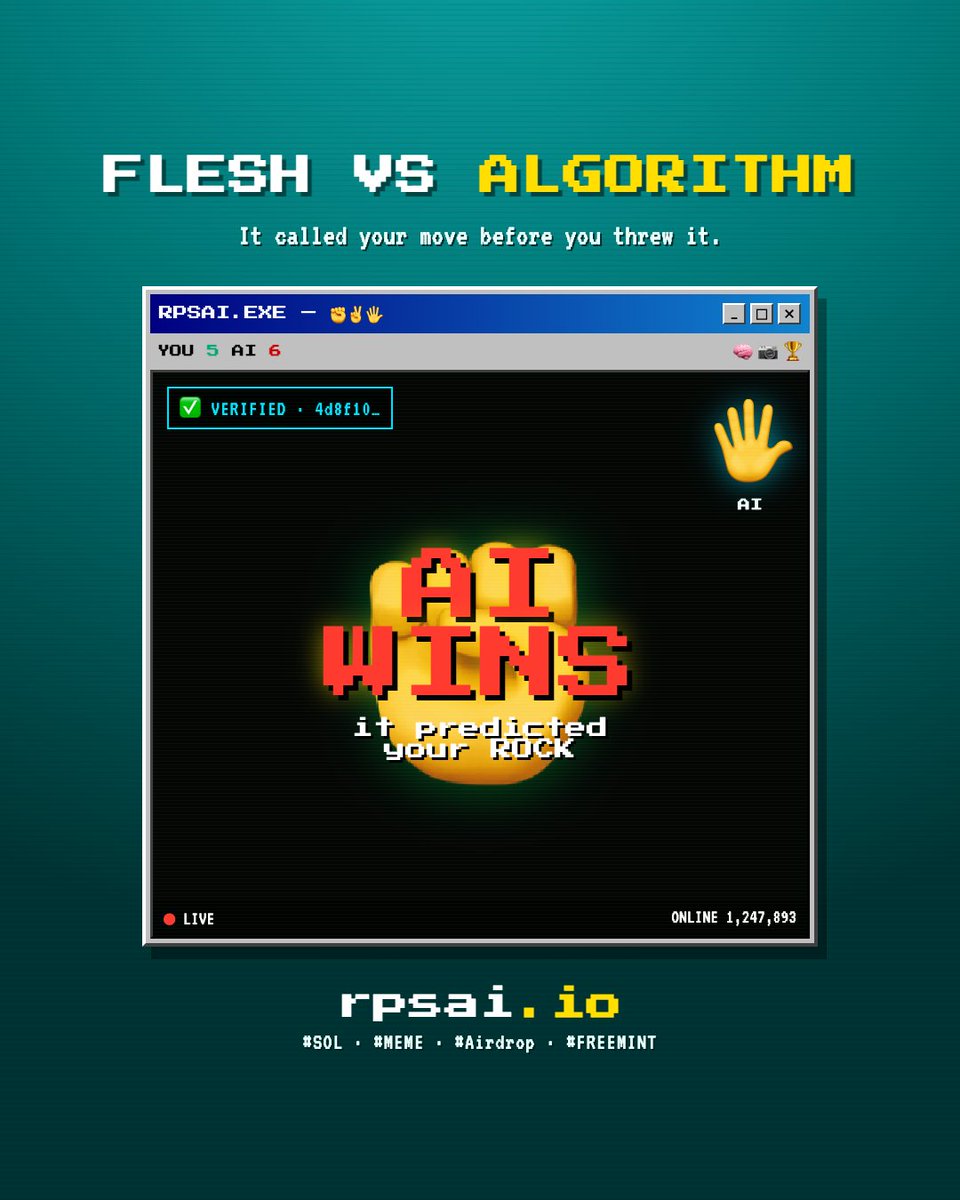 openname_ai's tweet photo. ๐ถโก๏ธ๐ค AS A KID YOU SETTLED EVERYTHING WITH RPS.
Now an AI plays it better than you โ reading your hand live from the camera. Rematch the machine, win SOL MEME COIN. ๐ชจ๐โ๏ธ
Anytime, anywhere: https://t.co/CtrB6cojrG
#RPSAI #SOL #MEME #Airdrop #FREEMINT
https://t.co/LURXENRvrZ https://t.co/2Fo41XWbUq