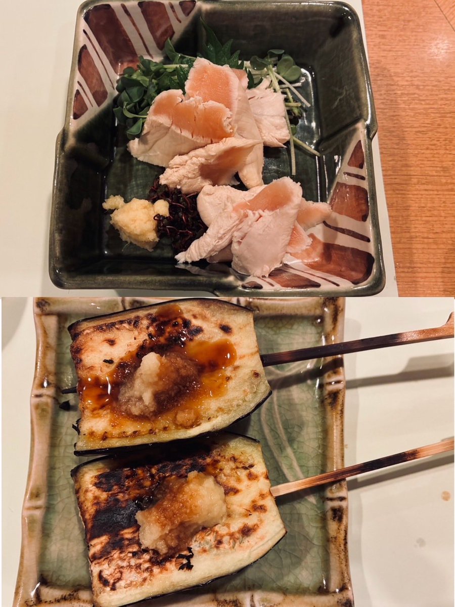 IUT43517's tweet photo. 焼鳥巡りの旅in名古屋🏯 焼き鳥 鳥勢 創業45年の老舗🏮 独自の契約養鶏場で育てた名古屋コーチン🦤「串焼き」はまろやかな甘み・コク・引き締まった食感😋 紀州備長炭🪨で焼き上げ🔥外はパリッと香ばしく✨中はジューシー🫧
胸肉を軽く湯通し🫕「霜降り」は完全に火を通さないので、プリプリ弾力と淡白ながら深みがあります😊
黒い海苔🏴で巻かれた納豆串🍢鶏肉で包み込む乙な一品✌️ ナス焼き🍆は備長炭で丁寧に焼くからふわっと甘さが👍生姜醤油と相性抜群🫚🟤
名古屋を満喫したので撤収します🙇
