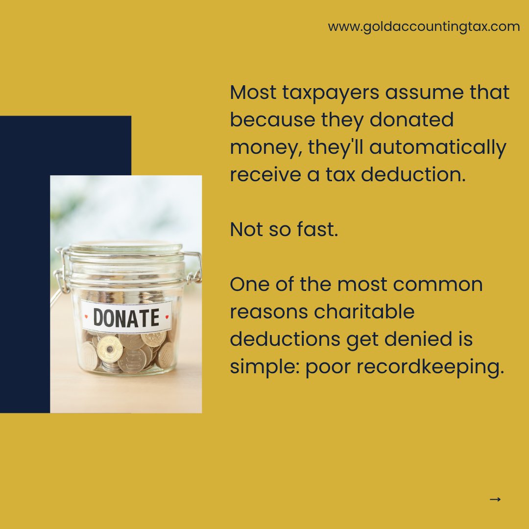 goldacctingtax's tweet photo. Your charitable contribution isn't a deduction until it's documented.ย
#taxplanning #charitablegiving #realestateinvestor #taxstrategy #cpa #irs #taxdeductions #wealthbuilding #financialplanning #realestatecpa #smallbusinessowner #taxtips https://t.co/tGTE0eikYm