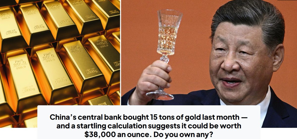 silvertrade's tweet photo. 🔥CHINA'S CENTRAL BANK BOUGHT 15 TONS OF GOLD LAST MONTH- AND A STARTLING CALCULATION SUGGESTS IT COULD BE WORTH $38,000 AN OUNCE -MoneyWise

According to Bloomberg, China’s biggest exchange-traded fund no longer tracks the country’s stock market.
It tracks GOLD...
https://t.co/ssQHJkOEw5