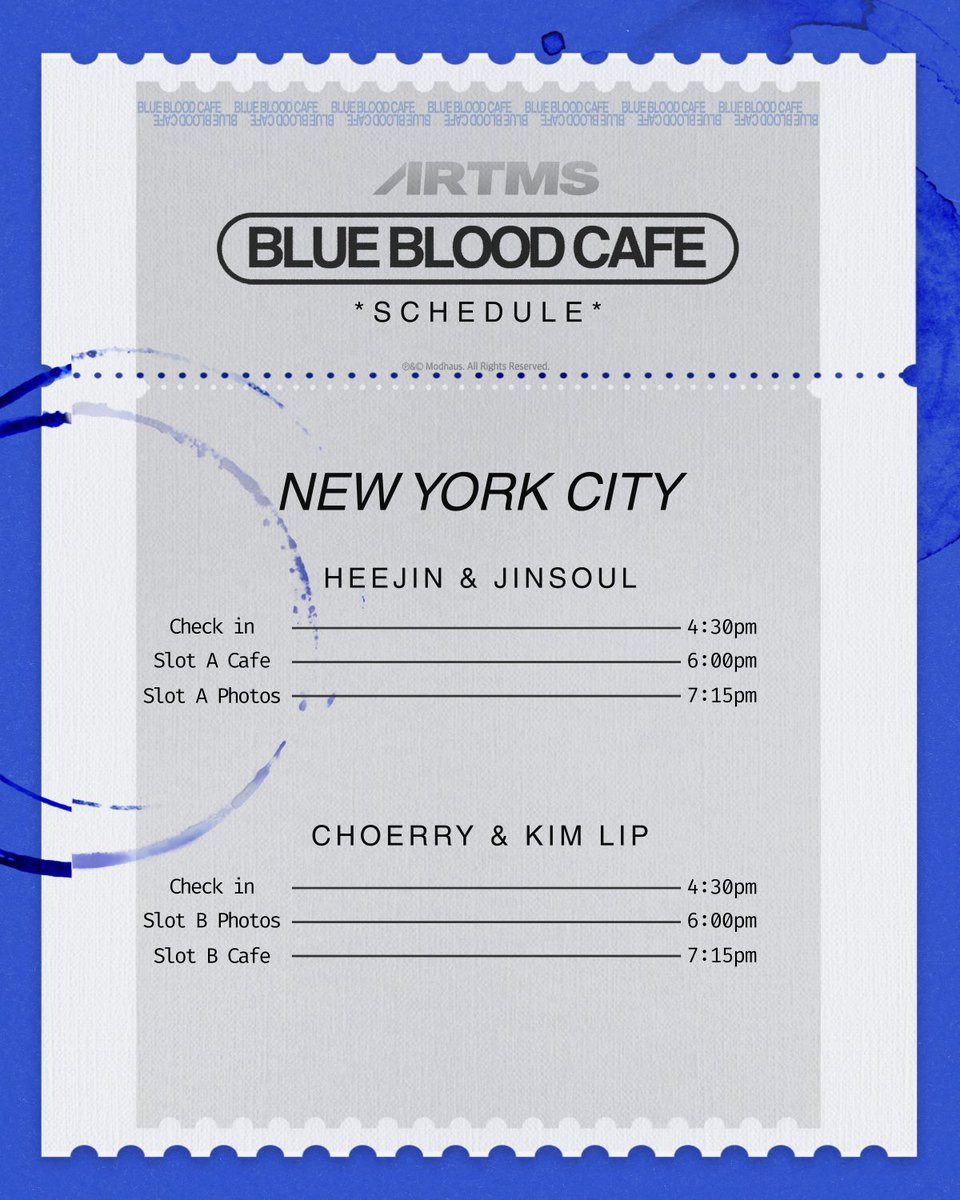 redcrown_events's tweet photo. Your NYC Blue Blood Cafe schedule has arrived 📋🩵 Slot A with Heejin &amp; Jinsoul | Slot B with Choerry &amp; Kim Lip 🤍✨ check in open at 4:30pm — don’t be late 🫧 https://t.co/2SYb3DrqYG