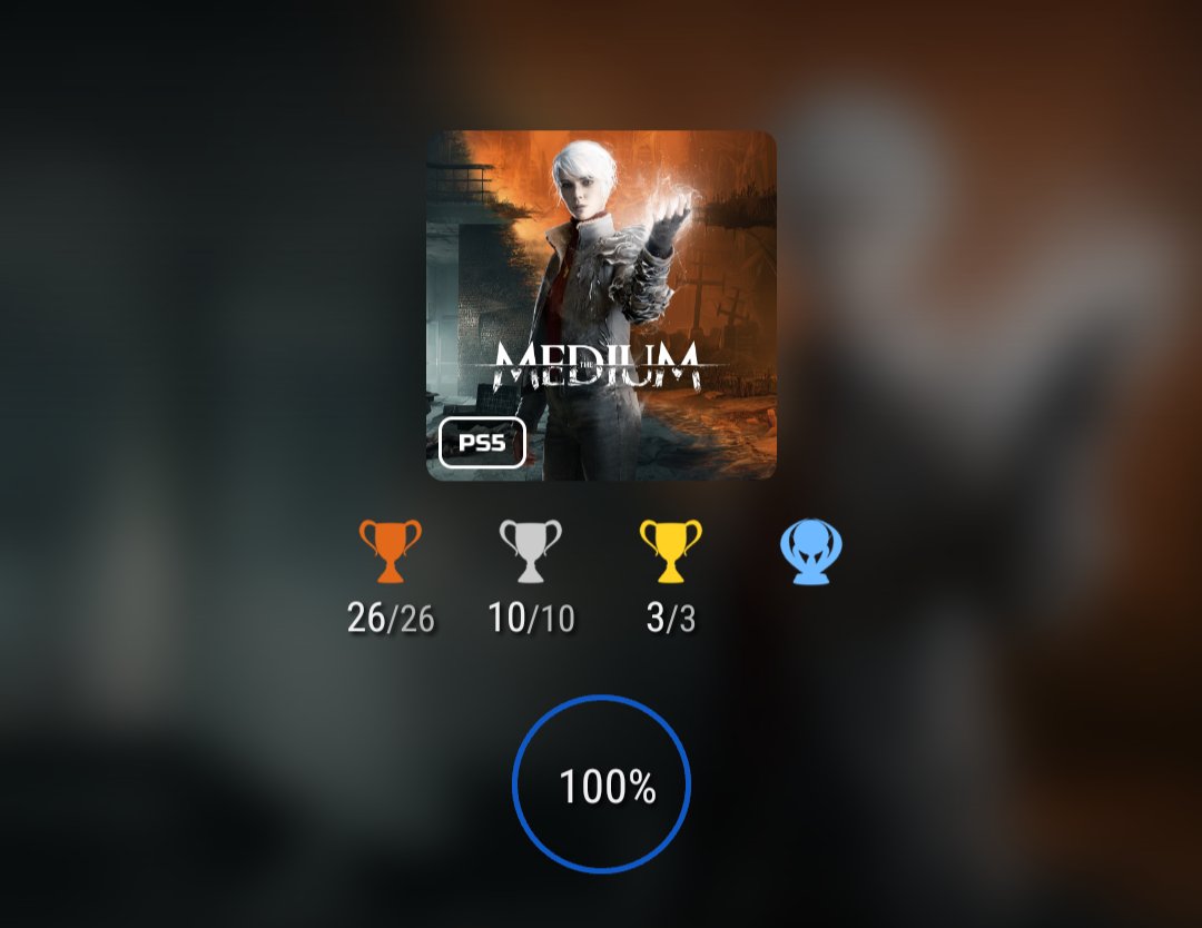 PixelsPlatinums's tweet photo. #58 - The Medium
Completionist (PLATINUM)

A great psychological horror from Bloober team. I particularly enjoyed having to enter the other side to solve puzzles as well as the eerie atmosphere.

Earned on 26/12/2022 #PlayStationTrophy #TrophyHunters https://t.co/tu1ZGxCVmo