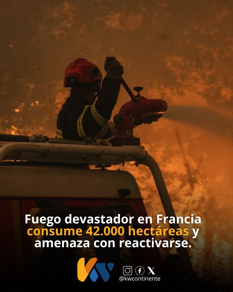 KWCONTINENTE's tweet photo. 🔥🇫🇷 Un megaincendio cerca de Burdeos, Francia, ha consumido unas 42.000 hectáreas y provocado la evacuación de 220.000 personas. Las autoridades reportan estabilidad en la emergencia, pero advierten que las altas temperaturas podrían complicar nuevamente la situación. #MundoKW https://t.co/sVzneXVTI0