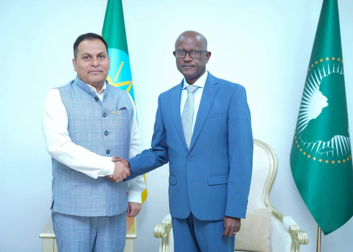 MFAEthiopia's tweet photo. State Minister of Foreign Affairs, Ambassador Hadera Abera, today bid farewell to the outgoing Ambassador of India to Ethiopia, Anil Kumar Rai, commending his dedicated service and valuable contribution to strengthening Ethio-India relations.

Ambassador Hadera highlighted key milestones achieved during Ambassador Rai’s tenure, including the elevation of Ethio- India relations to a Strategic Partnership following the visit of Prime Minister Narendra Modi to Ethiopia, expanded cooperation in digital transformation, and India’s support for Ethiopia’s WTO accession and BRICS integration.

The State Minister reaffirmed Ethiopia’s commitment to further deepening the historic bonds of friendship and strategic partnership between the two countries.