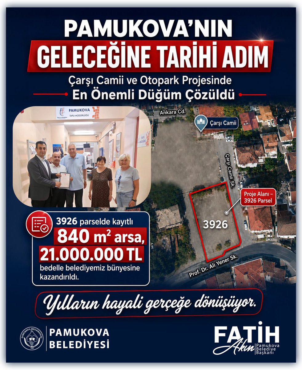 pbbfatihakin's tweet photo. PAMUKOVA’NIN YILLARDIR BEKLEDİĞİ DEV PROJEDE TARİHÎ ADIM..

Çarşı Camii, Otopark ve Meydan Projesinin Önündeki En Önemli Engel Kaldırıldı
Pamukova’nın kent merkezine yeni bir kimlik kazandıracak, ilçemizin sosyal, kültürel ve manevi hayatına uzun yıllar hizmet edecek Çarşı Camii, Otopark ve Meydan Projesi kapsamında tarihî bir adım daha atıldı.
2013 yılından bu yana ilçemizin gündeminde bulunan, farklı dönemlerde kamuoyuna “mega proje” olarak duyurulmasına rağmen bugüne kadar somut bir çözüme kavuşturulamayan projenin hayata geçirilmesinin önündeki en önemli mülkiyet sorunlarından biri, belediyemizin kararlı girişimleri neticesinde çözüme kavuşturuldu.
Mevcut Çarşı Camii’nin alt kısmında yer alan, 3926 parsel numarasıyla kayıtlı 840 metrekare büyüklüğündeki taşınmaz, 21.000.000,00 TL (yirmi bir milyon Türk lirası) bedelle satın alınarak Pamukova Belediyesinin mülkiyetine kazandırıldı.
Gerçekleştirilen bu stratejik satın alma ile yalnızca bir arsa belediyemiz bünyesine katılmamış; Pamukova’nın yıllardır beklediği büyük bir şehircilik yatırımının önündeki en kritik düğümlerden biri de çözülmüş oldu.
Belediyemiz tarafından satın alınan parsel üzerinde gerekli planlama, projelendirme ve teknik hazırlıkların tamamlanmasının ardından, Çarşı Camii projesinin kısa süre içerisinde uygulama aşamasına geçirilmesini planlanıyoruz.
Yıllardır konuşulan ancak bir türlü gerçekleştirilemeyen bu büyük hayalin artık somut adımlarla gerçeğe dönüştürecek, ilçenin geleceğini ilgilendiren projelerde günü kurtaran değil, kalıcı eserler ortaya koyan bir anlayışla hareket etmeye devam edeceğiz.

#PamukovaBizim
#DahaGidecekÇokYolumuzVar ❤️
