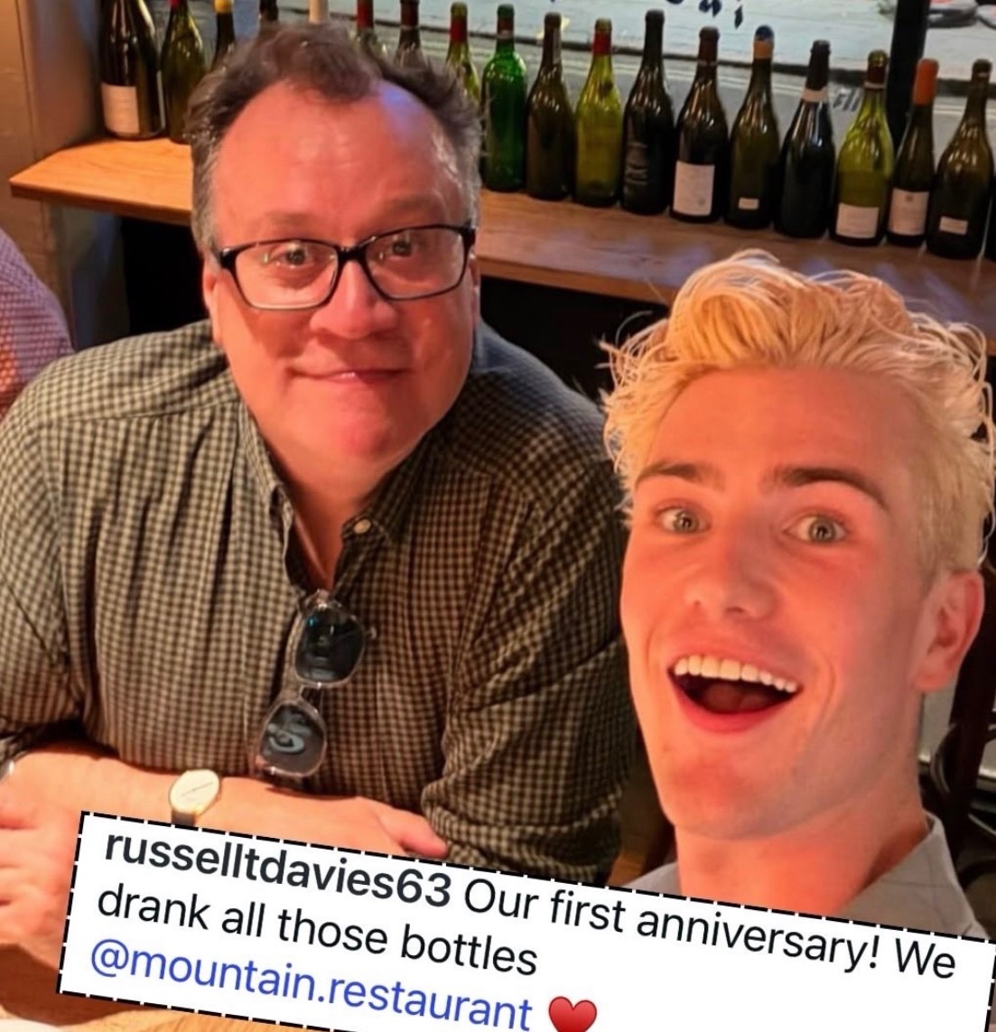 Sweetzy24's tweet photo. Russell T Davies and Oliver Cole celebrated their first anniversary, with plenty of wine. https://t.co/FLfy31ofUf