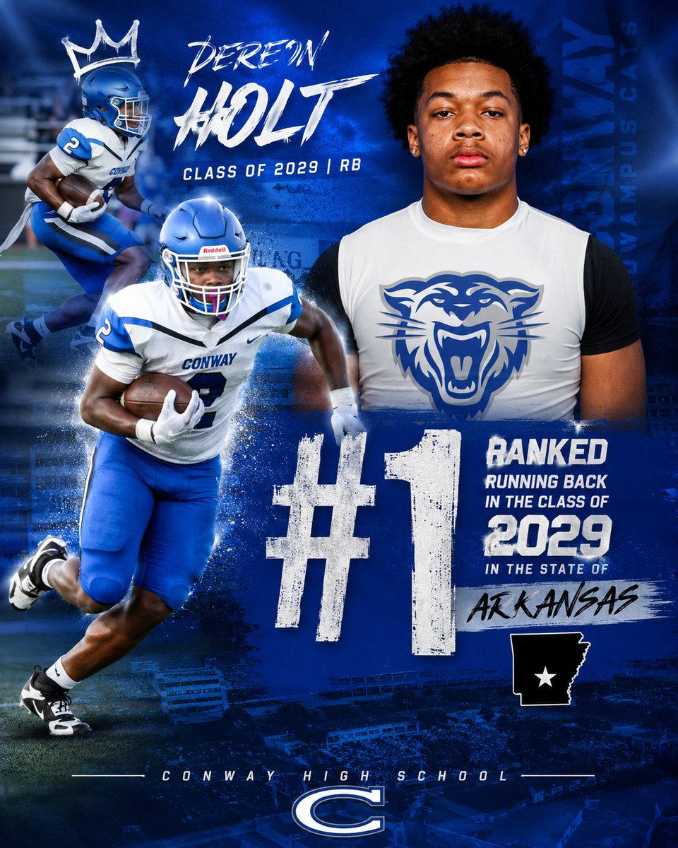 Vitamin_A_D's tweet photo. @CoachDaniels06 {Google AI} Dereon Holt is a highly-rated high school football player from Arkansas who plays as a running back and wide receiver for Conway High School. Part of the graduating class of 2029, scouts recognize him as one of the premier young prospects in the state. @DEREONHOLT2 https://t.co/MKzgcknMBP