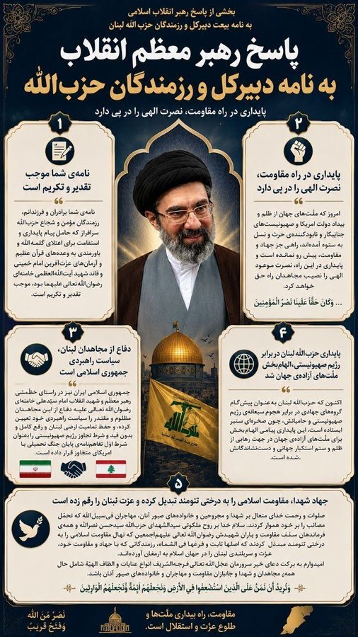 saranouri990's tweet photo. بخشی از پاسخ رهبر معظم انقلاب اسلامی به نامه بیعت دبیرکل و رزمـ.ندگان #حزب‌الله لـ.بنان

جهاد شـ.هدا، مقاومت اسلامی را به درختی تنومند تبدیل کرده و عزت لبـ.نان را رقم زده است.
#لبيك_يا_خامنه_ای‌ 
#حمايت_انقلابى https://t.co/lY1pMCov5G