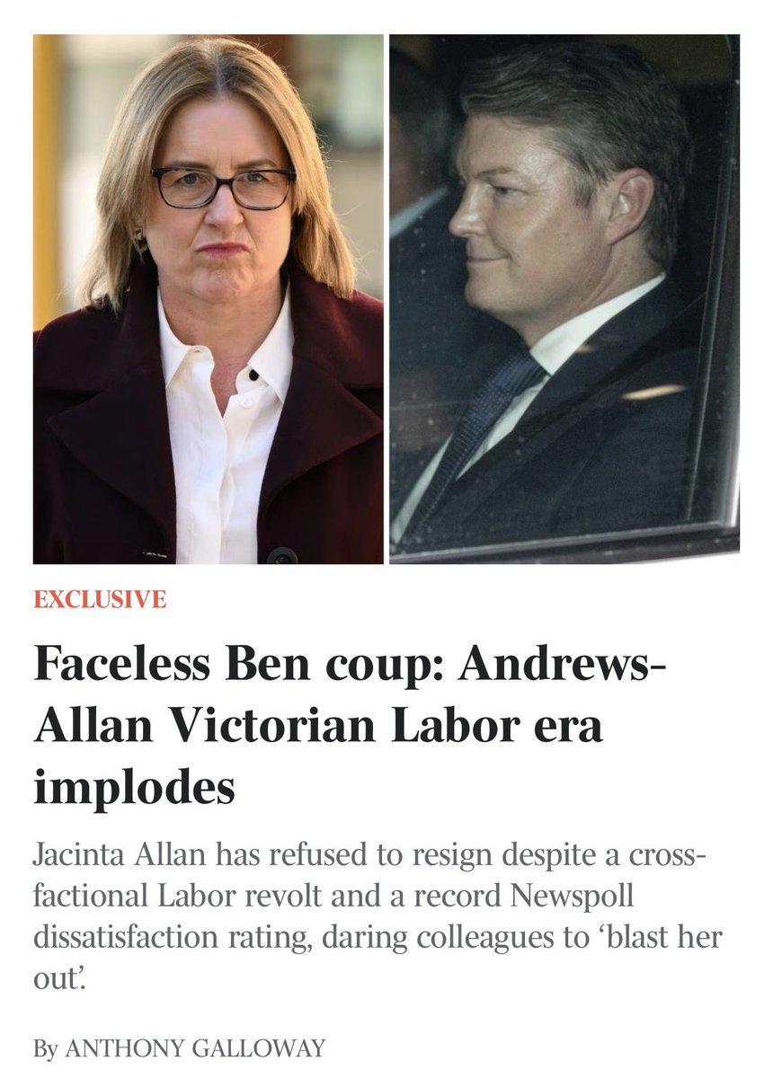 RositaDaz48's tweet photo. Victorian Premier Jacinta Allan has dared
Labor MPs to blast her out and risk a bruising six-week leadership contest after refusing to step aside in the face of a challenge from Deputy Premier Ben Carroll and a wide-cross section of her party telling her to avoid "ruining her legacy".
As Labor MPs braced for a damaging showdown at a 10am caucus spill vote on Tuesday, senior party figures urged Ms Allan to accept the result and make way for Mr Carroll if she lost.
They warned a protracted leadership battle, four months before the state election, would deepen the government's crisis.

In the midst of the chaos, one Labor MP declared: “We will blast her out if we need to.”

https://t.co/FkLrhRJvOM
