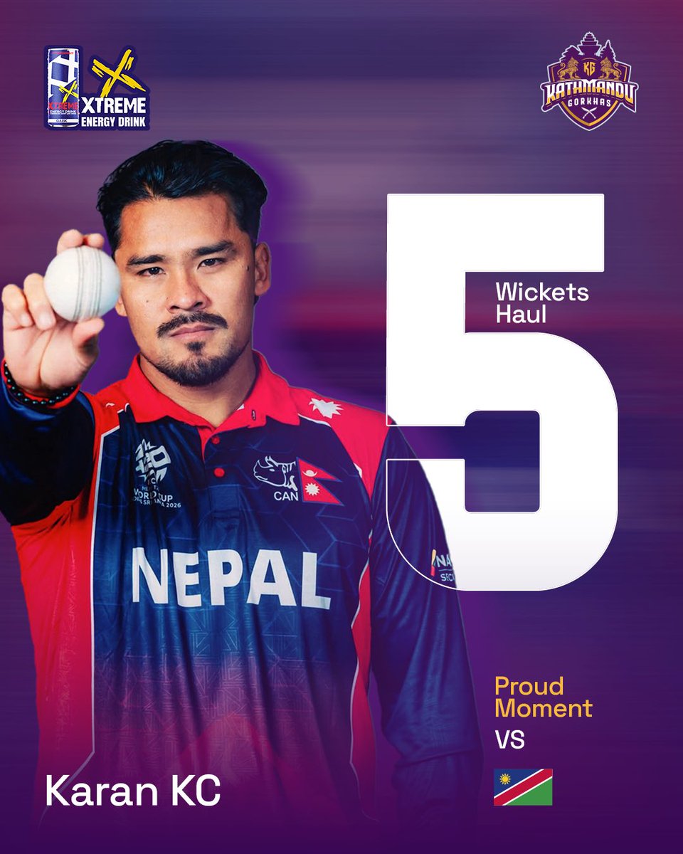 ktm_gorkhas's tweet photo. Five wickets. One statement.๐ฅ
@karankc33 shines with a magnificent 5-wicket haul against Namibia.๐ณ๐ต๐ฅ
A performance everyone is proud of!
#KathmanduGorkhas #KaranKC #NepalCricket #CWCLeague2 https://t.co/si94pI8A8y