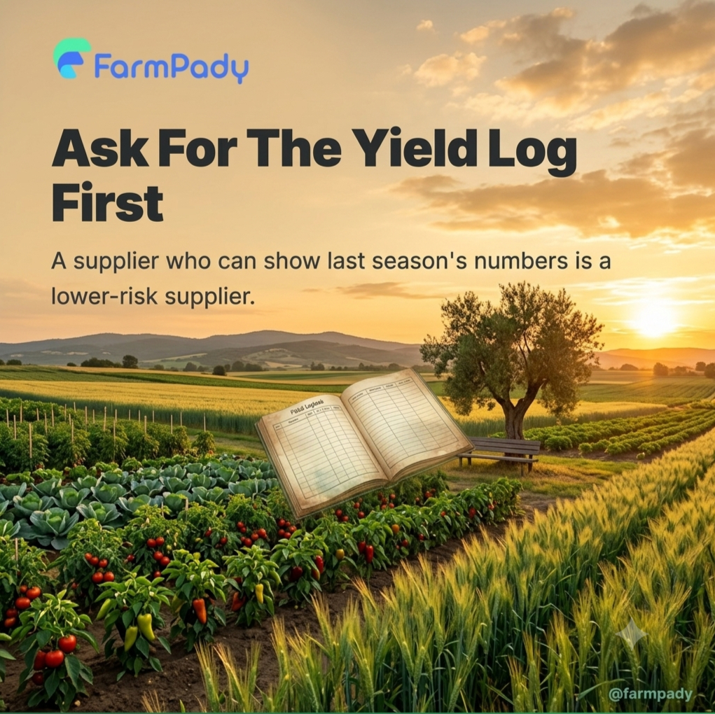 farmpady's tweet photo. A supplier who can show you last season's yield log is a lower-risk supplier. Ask for it before you ask for a discount.

Most buyers negotiate price first and due diligence never happens. Flip that order.

Before you talk numbers, ask a supplier for three things: last season's yield log, who they sold to before you, and how they handled a delivery that went wrong. A farmer who can produce all three without scrambling has already done the risk assessment for you.

The ones who can't aren't necessarily bad suppliers - but you're now the one carrying the risk they should've been managing. That's worth more than a 5% discount buys you back.

Build this into your sourcing checklist. It costs you one extra conversation and saves you a mid-contract surprise.

#Agribusiness #AfricanAgriculture #SupplyChain