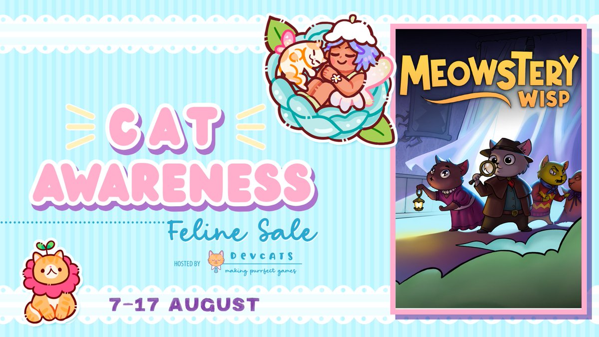 dmtgamestudio's tweet photo. Meowstery Wisp will be part of the Cat Awareness Sale from August 7โ17 ๐ฑ
It's an amazing event to raise awareness for adopting and rescuing cats! ๐ ๐พ
#cats #indiegames https://t.co/fcoxmgMCp7