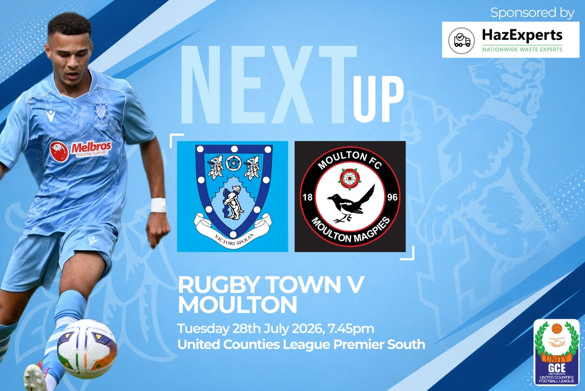 RugbyTown_FC's tweet photo. NEXT UP! Rugby v @MoultonFC

It's our first competitive home outing of the season tomorrow night when we welcome Moulton to Butlin Road for the first time.

🏟️ Butlin Rd, CV21 3SD 
📅 Tuesday 28 July
🕒 7.45pm
🎟️ Adults £10 | OAP £5 | U18 £5 | U12 £2 

#utv @utdcos https://t.co/zBeHYNusER