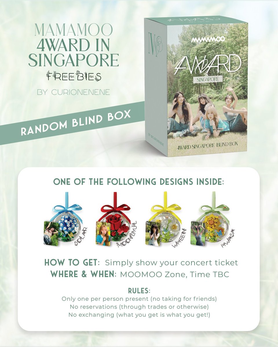 curionenene's tweet photo. Mamamoo 4WARD in Singapore Freebies

Will be giving out these blind boxes at the Moomoo Zone on concert day! Look for updates on twitter and inta for specific location and time on the day itself! 

#MAMAMOO #4WARD #MAMAMOOinSingapore https://t.co/1KdOiQ5U3N