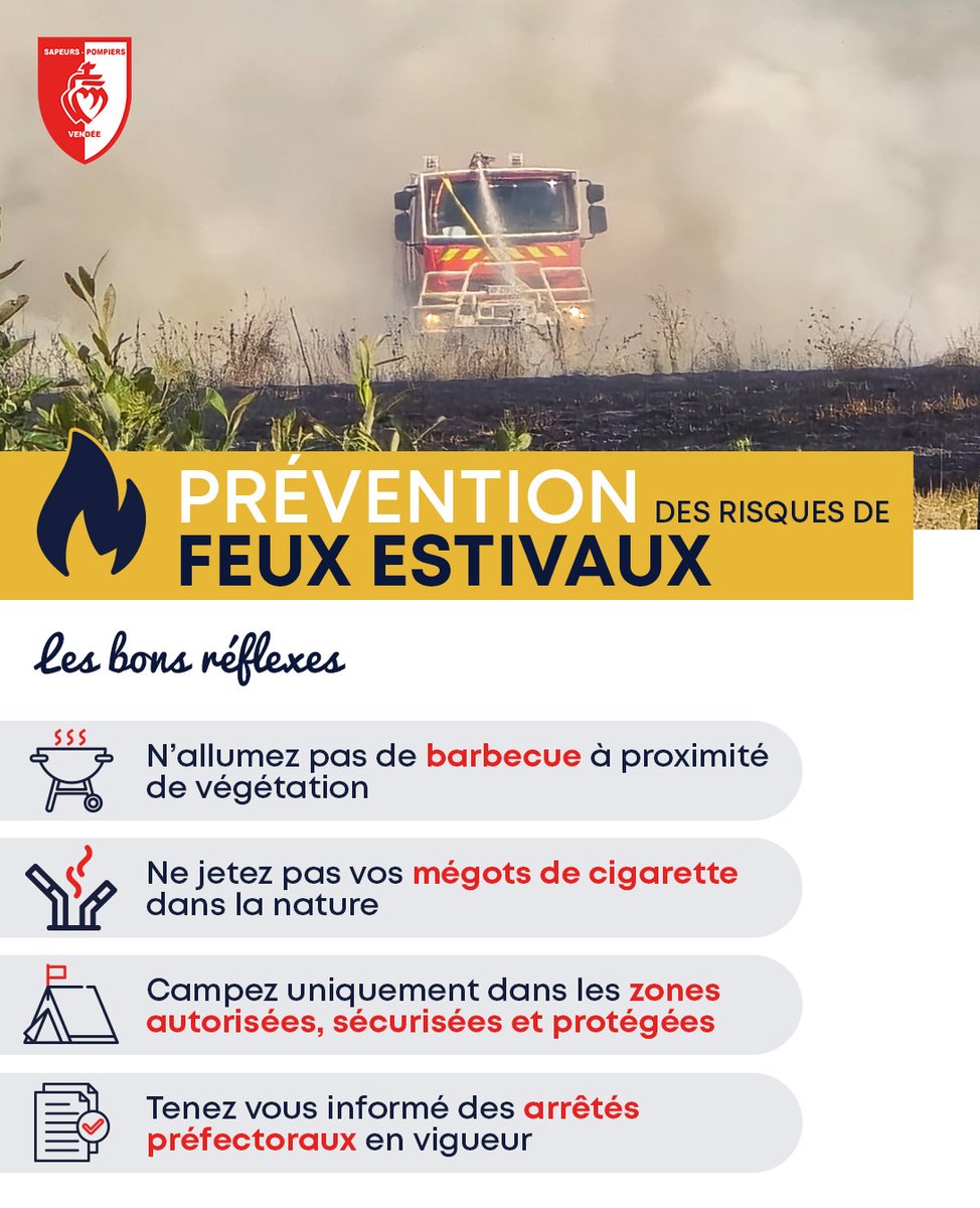 SDIS85's tweet photo. ⚠️ Cet été, les sapeurs-pompiers de la Vendée vous donnent rendez-vous chaque vendredi pour des conseils de prévention.
🌳 Zoom aujourd’hui sur les feux de végétation. Les fortes chaleurs couplées aux activités de vacances sont des facteurs propices aux départs de ces feux. https://t.co/PTF6Cbmfi2