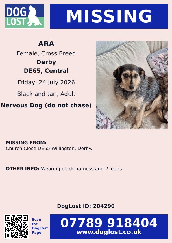 MissingPetsGB's tweet photo. 🐕 ARA #missing #DERBY #UK

ARA is missing from Church Close, Derby South #Derbyshire
#DE65 since Friday 24 July 2026
Ara is microchipped and wearing black harness and 2 leads
Please do not chase if seen 🙏

https://t.co/FpDIcf4e3K https://t.co/DVU1V5YljI