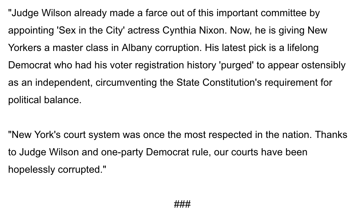 NewYorkGOP's tweet photo. 🚨CORRUPTION ALERT: 

New York's partisan Chief Judge Wilson just rigged  an important judicial screening commission by having a Democrat  appointee PURGE his voter registration so he looks like an independent,  thereby satisfying the constitution's requirement for political balance.  

It's an outrage, and a masterclass in Albany corruption. 

Full statement  from @ChairmanEdCox: