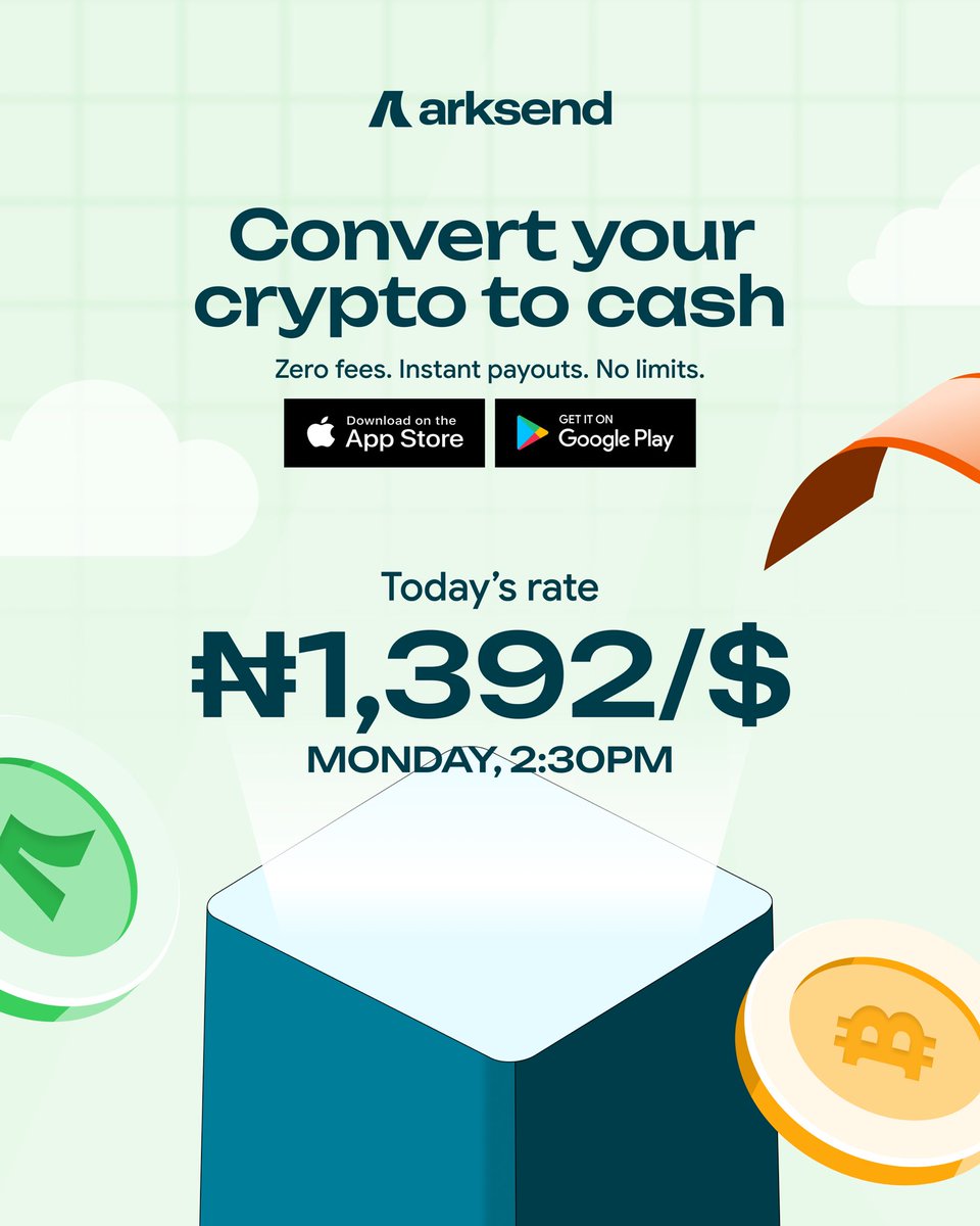 usearksend's tweet photo. Today’s rate on Arksend.

Convert BTC, ETH, USDT, USDC to NGN, GHS, ZAR, and XAF in minutes. Safe, zero fees, and no limits. Download the app to get started. https://t.co/YRmWkH2Cow