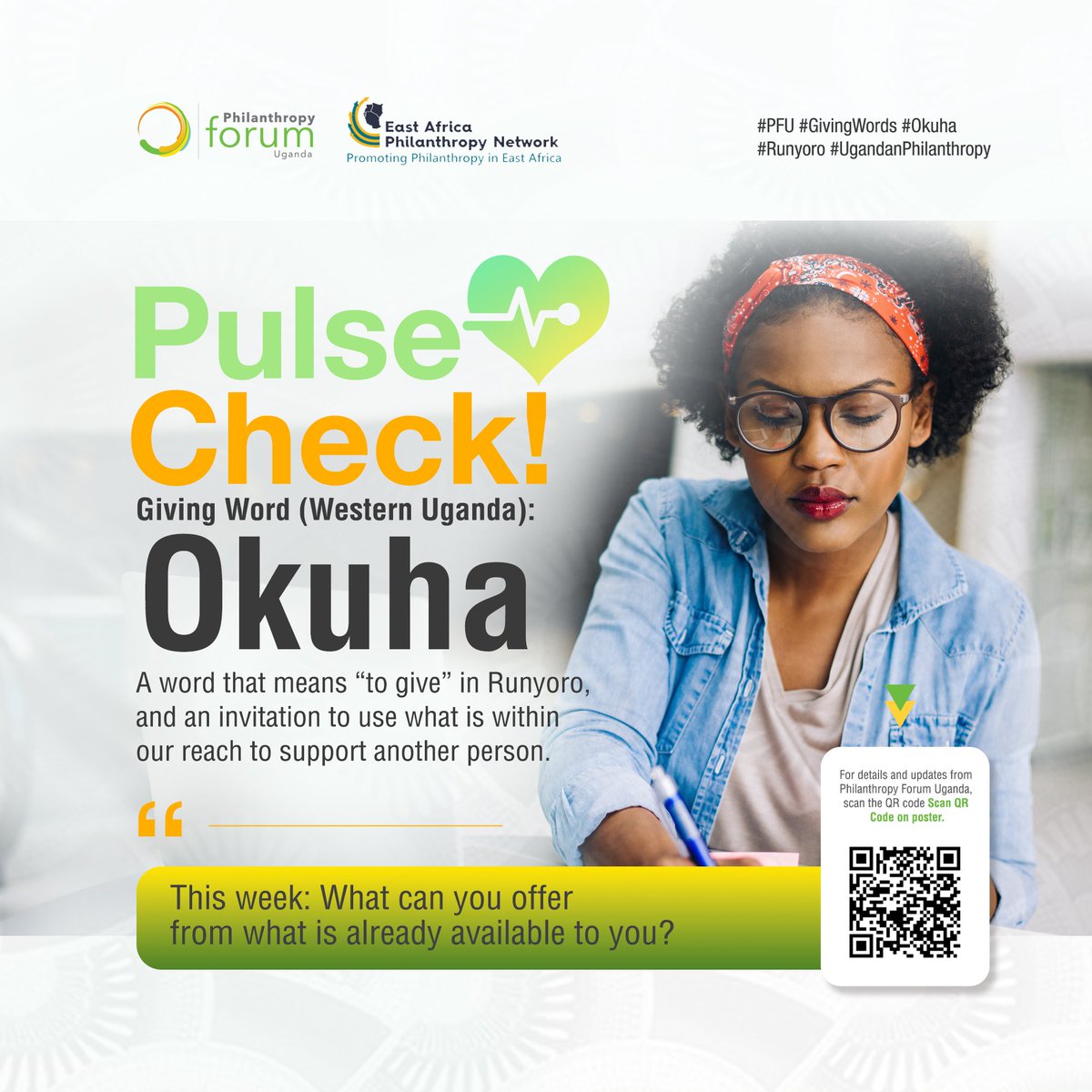 philanthropy_ug's tweet photo. 💙 PFU Pulse Check!
🗣️ Giving Word: Okuha
🌾 In Runyoro, okuha means “to give”through food, time, knowledge or support.
🪴 What can you offer from what is already available to you this week?
🔗 https://t.co/kmNVc2fTWP
#PFU #GivingWords #Okuha #Runyoro #UgandanPhilanthropy https://t.co/LUPJU56A2Q