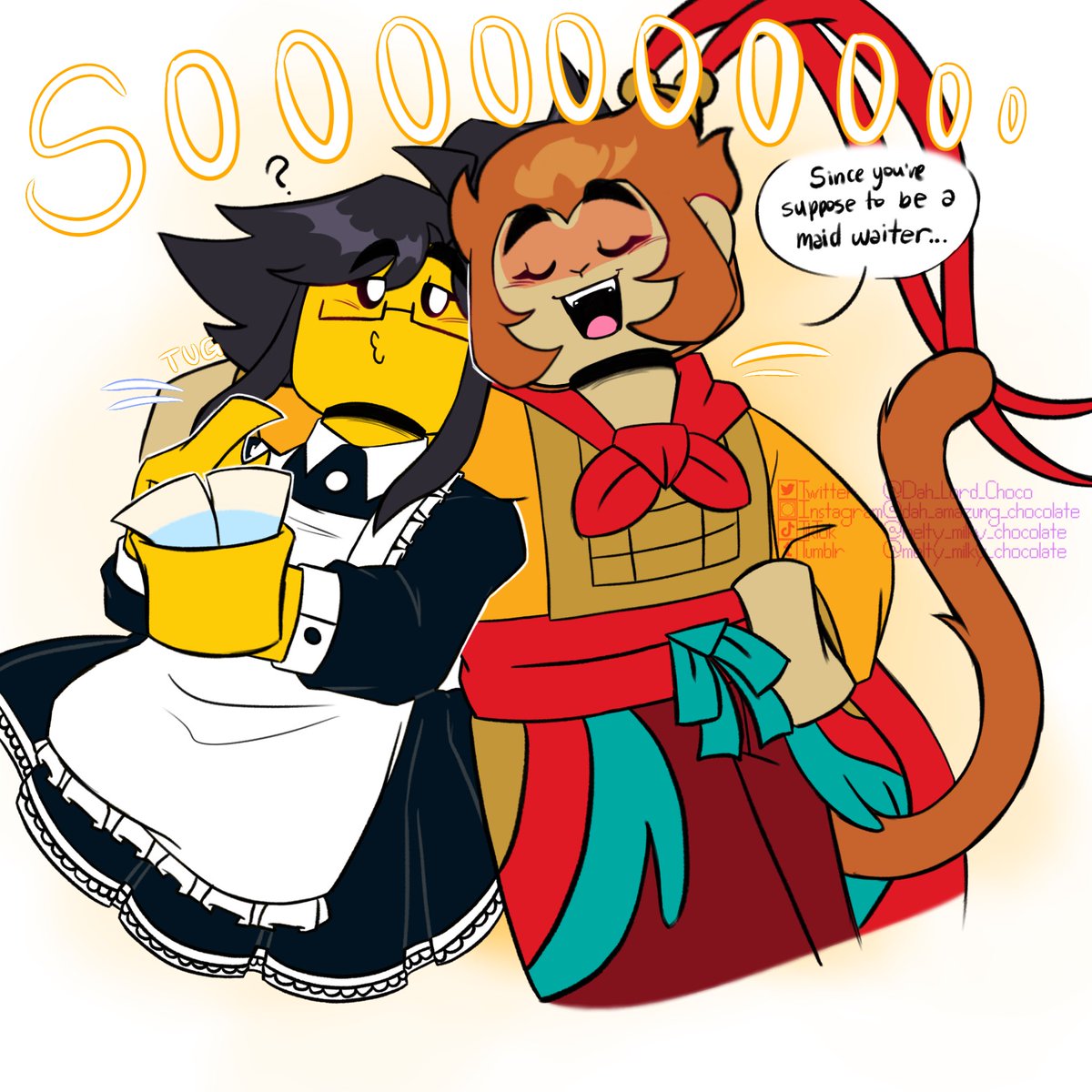 Dah_Lord_Choco's tweet photo. Flirting With The Maid 

(1/2)

#lmk #LEGOMonkieKid #lmkfanart #RenewMonkieKid #lmkoc #lmkocxcanon #SunWukong https://t.co/9ENOBdsSaj