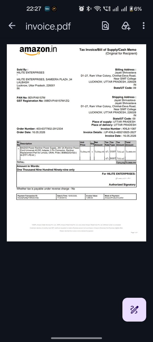 aakashearth's tweet photo. 🚨 GROSS CONSUMER FRAUD & ELECTRICAL FIRE HAZARD ON AMAZON INDIA 🚨I am writing to publicly report a blatant case of merchant fraud, bait-and-switch listing tactics, and a severe product safety issue that @amazonIN customer support has completely failed to address.
1. The Scam (Bait-and-Switch):On May 16, 2026, I purchased a branded "BXIZXD Power Recliner Power Supply" from the third-party seller 'Hilite Enterprises' for ₹1,999. Instead of delivering the premium brand I paid for, the seller shipped their own cheap, unbranded, in-house label product named 'Hi-Lite Essentials' with inferior electrical specifications. To make matters worse, this fraudulent listing is STILL active on Amazon right now, and they are continuing to scam unsuspecting buyers at even higher prices! And smartly specifications are also changed from list as 2A, while sold local product has 1.8A see these, that's the reason it catches fire and damages the entire family, home and lives. Not sure why don't we learn.
2. The Severe Fire Risk:Within just 60 days of normal use, this fake, sub-standard adapter has suffered an internal failure. It is now emitting loud "cracking" sounds and sparking. It is an active, dangerous electrical fire hazard inside my home.
3. Shocking Customer Care Behavior:When I escalated this to @AmazonInHelp phone support and spoke with senior agents, they completely defended the fraud. They completely ignored the active safety and fire risk, hid behind a generic "30-day return window" and surprisingly no warrenty for a electrical product script, and shamelessly told me that I "should have purchased an extended warranty" for a fake, substituted item! When I said please write a mail to seller and escalate she said I can't do that and I am the only senior one and we can't help you in this case. While i said i do t need refund but atleast report this, she declined even i said i will post online she said your call.. i can shre the name and you can hear the entire recording Amazon, you will find quality lacking you have in customer service now.
I have been a deeply loyal Amazon customer for more than 10 years. Looking at this abysmal treatment, it is clear that this is no longer the company where the customer is everything. What happened to Jeff Bezos' core philosophy of "Customer Obsession"?
 Is Amazon India now actively involved and complicit in protecting fraudulent merchants to cheat Indian consumers?
Under the Consumer Protection Act (E-Commerce Rules) 2020, Amazon cannot legally escape its liability for distributing dangerous, spurious, and falsely advertised electronics that pose a direct safety threat.I demand an immediate manual intervention from Amazon's executive escalation team, a full refund, and strict punitive action against 'Hilite Enterprises'.Order ID: 403-6377902-2912334Cc: @jagograhakjago @consaff @PMOIndia(Images attached: Official tax invoice showing the premium brand name ordered vs. the actual hazardous 'Hi-Lite Essentials' product received).