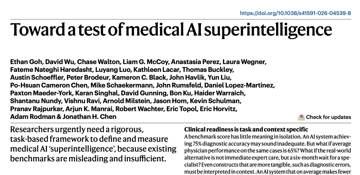 EricTopol's tweet photo. What is medical AI superintelligence? How will we know if/when it exists? Our essay @NatureMedicine, led by @drethangoh 
https://t.co/hxA1VWon18 https://t.co/O2OSqfPmkA