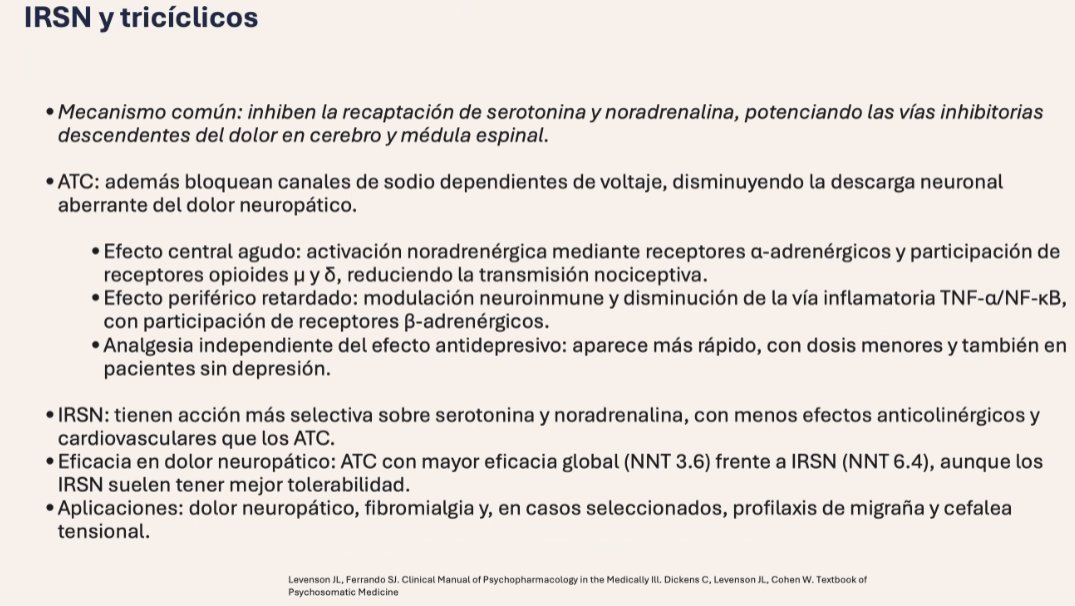 carlos_arnaud's tweet photo. Bonito Resumen del porqué los #Antidepresivos Tricíclicos son eficaces en el tratamiento del #Dolor

Evidencia e indicados en: 
Prevención de Migrañas
Tratamiento en Síndrome de Intestino Irritable
Trastornos del eje #IntestinoCerebro
Fibromialgia
DolorNeuropático

Riesgo anticolinérgico
Aumento de QTc
Riesgo de #Delirium