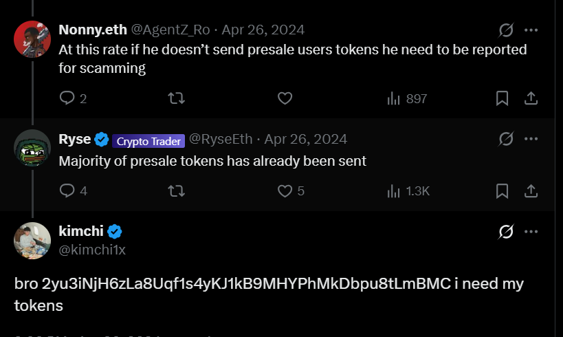 SpecterAnalyst's tweet photo. It's crazy that CT has such a short memory. Scammers, grifters, and rug pullers are quickly forgotten.

There seems to have been a coordinated push around @kimchi1x, with CT claiming that he "made eight figures from the TRUMP token." lol

I decided to look into @kimchi1x . Based on my on-chain analysis, he and his group, including @orangie , have exposure to token launches, bundling, and rug pulls.

Since this thread is about Kimchi, I'll focus on him.

Wallet (publicly shared by Kimchi in a reply on X back in April 2024):

2yu3iNjH6zLa8Uqf1s4yKJ1kB9MHYPhMkDbpu8tLmBMC

Example 1 – $STAR
On May 30, 2024, at 13:41 UTC, $STAR was deployed. Within the same minute, the wallet linked to Kimchi bought 2.96 SOL ($407) and later sold the position for $45.6K.

Tx:
zWstdZjTHRGzPSEX5NPnfv7QS2412iroNx1HpwHNRBwu6UeyNA57ZMRcZRFfmDSi4V3uF7yHshA1YBKi3TncnF1

Example 2 – DADDY ANSEM
On June 11, 2024, at 23:38 UTC, DADDY ANSEM (not launched by Ansem) was deployed. Two minutes later, the wallet linked to Kimchi bought 4.94 SOL ($730) and later sold it for $14.6K.

Tx:
4DqJrynmKbaLLjPKLzZYfZwGPxSKtBCirH2Du2vDdd5Z7sfaGfA89W15x4VBzM5wzdm8BiMVA5xk1M8M9UGUut9c

Example 3 – MUVA
On June 26, 2024, at 22:45 UTC, MUVA was deployed. One minute later, the wallet linked to Kimchi bought 2.9 SOL ($407) and later sold the position for $53K.

Tx:
55ZSNgEMDQRKvAvhcSYicrUnPoxuTV1iUR5FdSVoFK7GGXJ4S2rAtEoZ62wh7S4F39DMAHN5guoxfAmpSQwWfwS7

An exchange deposit address also clusters five other wallets that bundled the same MUVA launch.

These are just a few examples. I decided not to dig through the wallet's entire bundling history.

they have a private group known as @pioneerfnf 

While there is no verifiable evidence that @kimchi1x  made eight figures from the TRUMP token, it's crazy to see someone with this kind of on-chain history being pushed as a role model.

It's crazy how CT celebrate grifters and rug pullers even after knowing who they are.

Stay smart.