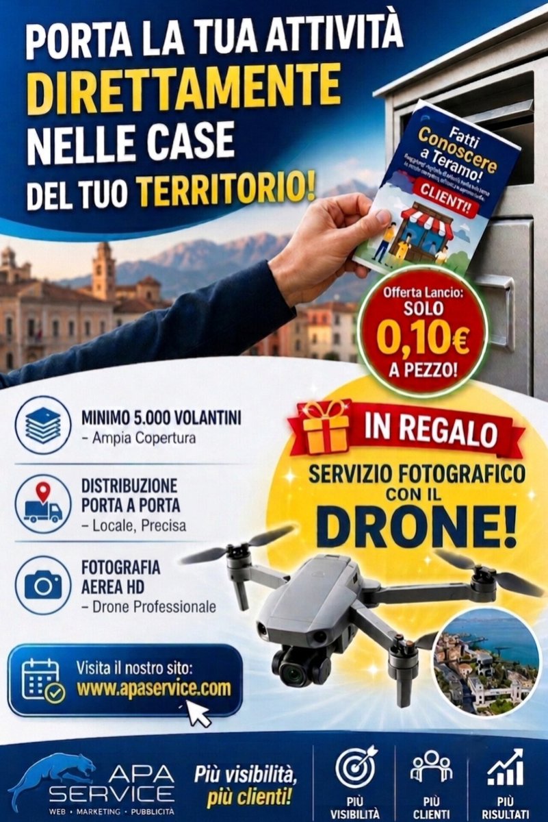 apaservic's tweet photo. Vuoi farti conoscere davvero nella tua zona? Abbiamo la promozione perfetta per lanciare il tuo brand.
Solo 0,10 € a volantino!
Fatti notare sul territorio e mostra la tua sede dall'alto con immagini professionali.
📲 Richiedi un preventivo gratuito:
🌐 https://t.co/lLrS5yyr9J https://t.co/EHwgGcJ4H7