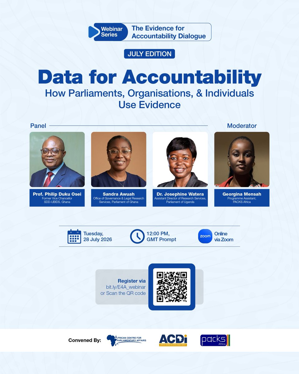 PACKS_Africa's tweet photo. It’s tomorrow! 📢

Join us for the Evidence for Accountability Dialogue as experts explore how data and evidence strengthen accountability in parliaments, organisations, and beyond.

🗓️ 28 July | 🕛 12 PM GMT
🔗 https://t.co/NAeNwEfEey

#EvidenceForAccountability https://t.co/M6fN1Napws