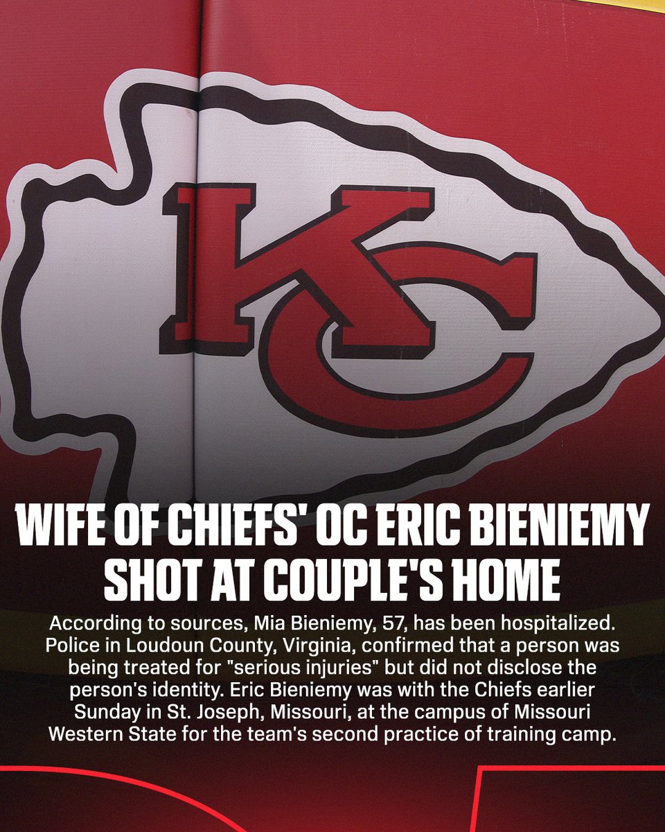 espn's tweet photo. The wife of Chiefs offensive coordinator Eric Bieniemy was shot at the couple's home in Virginia, sources told @ByNateTaylor.

The Chiefs said in a statement they are "aware of the incident involving Eric Bieniemy's family," but did not provide further details.

More: https://t.co/gu145QxhY0