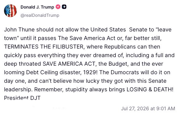 realJoelFischer's tweet photo. Senate: Skip your August vacation until the SAVE America Act passes. Full stop.

No more recess until we secure our elections. 

Do your damn job or face the voters. 🇺🇸 https://t.co/q3MLFCdGKd